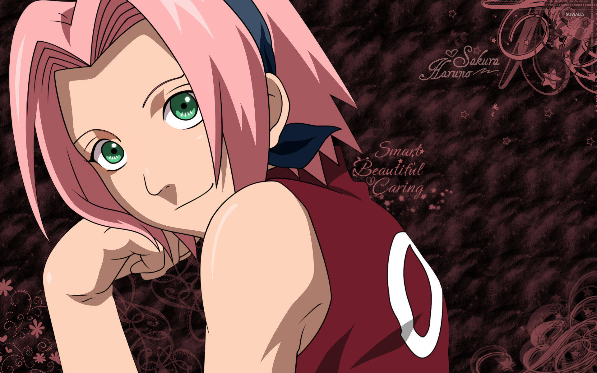 Sakura Haruno 桌布 壁紙 — 粉紅色頭髮綠色眼睛的動漫女孩，在深色花卉壁紙前用手托著下巴。