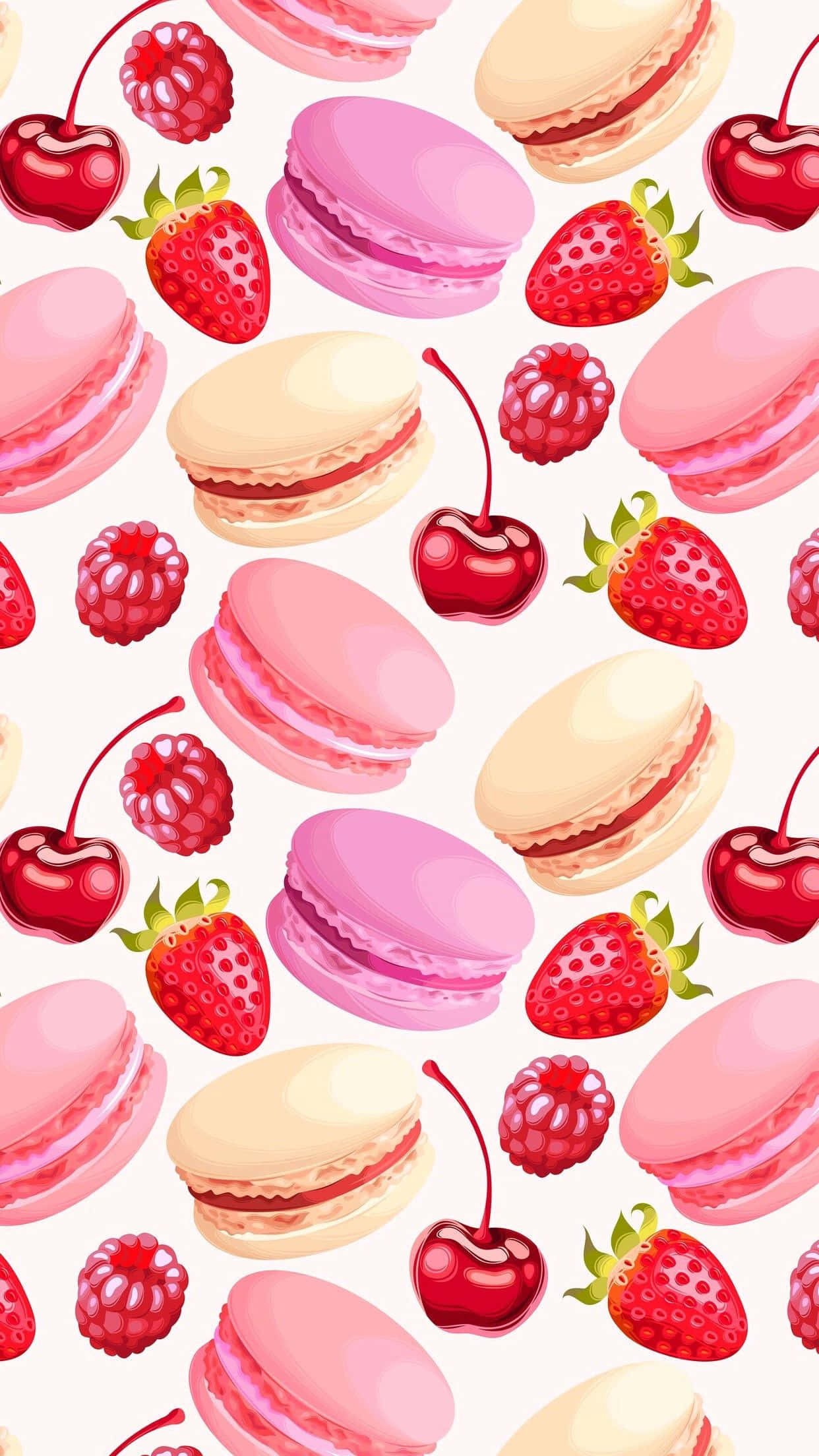 Strawberry 桌布 壁紙 — 粉紅色馬卡龍、草莓和櫻桃以重複的甜點主題壁紙圖案排列。