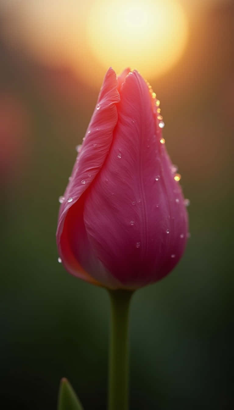 Flower 壁紙 — 粉紅色鬱金香花蕾的特寫，在溫暖的金色日落背景下閃爍著露珠。