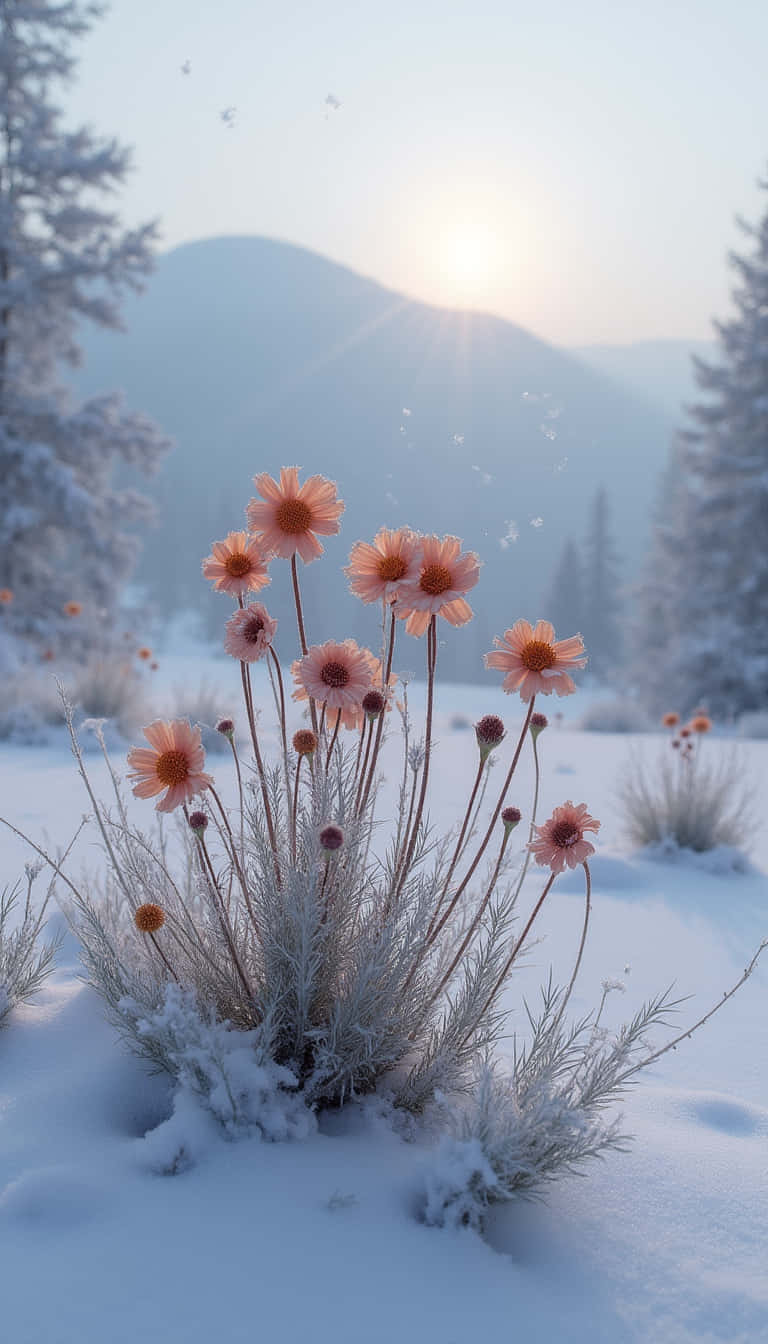 花卉 桌布 壁紙 — 粉紅花朵在初雪中頑強綻放，陽光穿透雪山和松樹照射下來。
