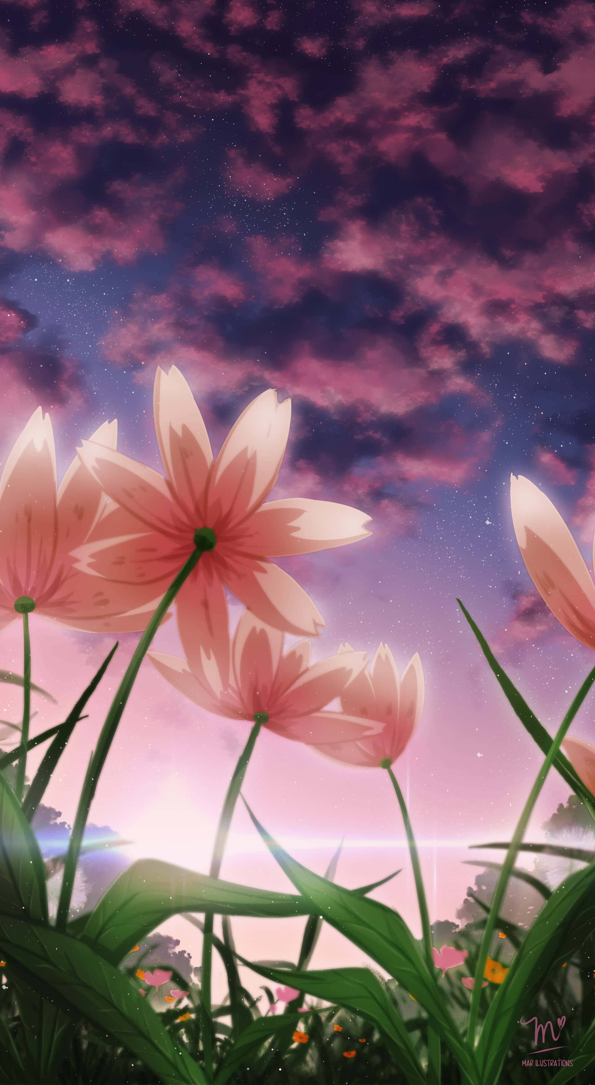 Anime Flower 桌布 壁紙 — 粉紅花朵在星空暮色下綻放，天空染上洋紅與紫羅蘭色調。