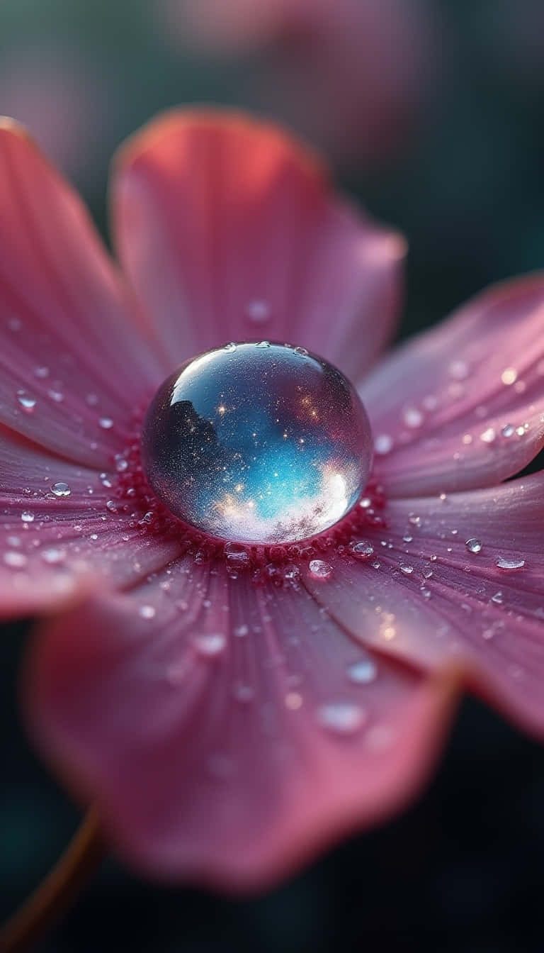 Flower 壁紙 — 粉紅花瓣上的露珠完美反射出一個充滿旋轉藍色和星系的生動星系。