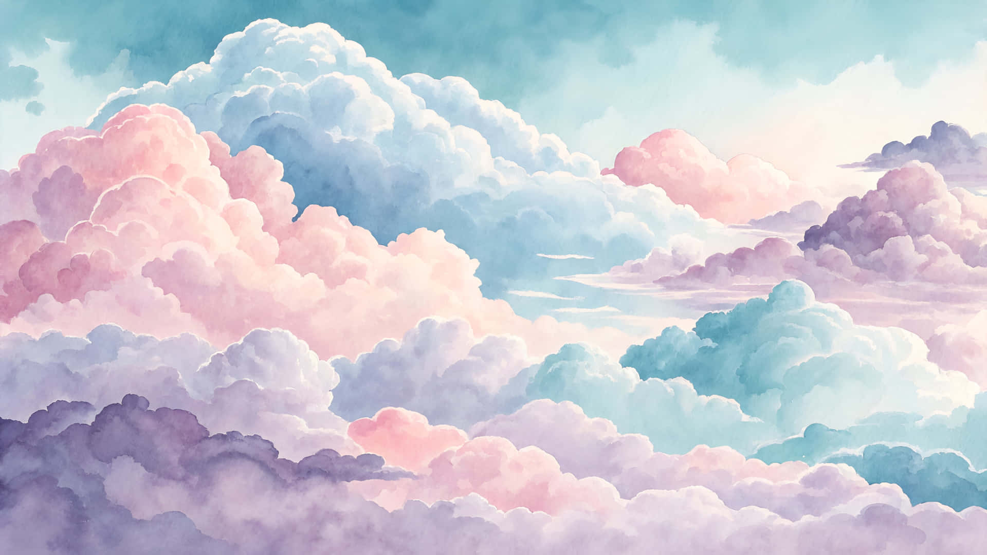 Dreamy Pastel Clouds in a Soft Watercolor Sky 壁紙 — 粉紅薰衣草色和藍綠色的柔和粉彩雲朵，輕輕飄浮在帶有水彩質感的夢幻天空中。