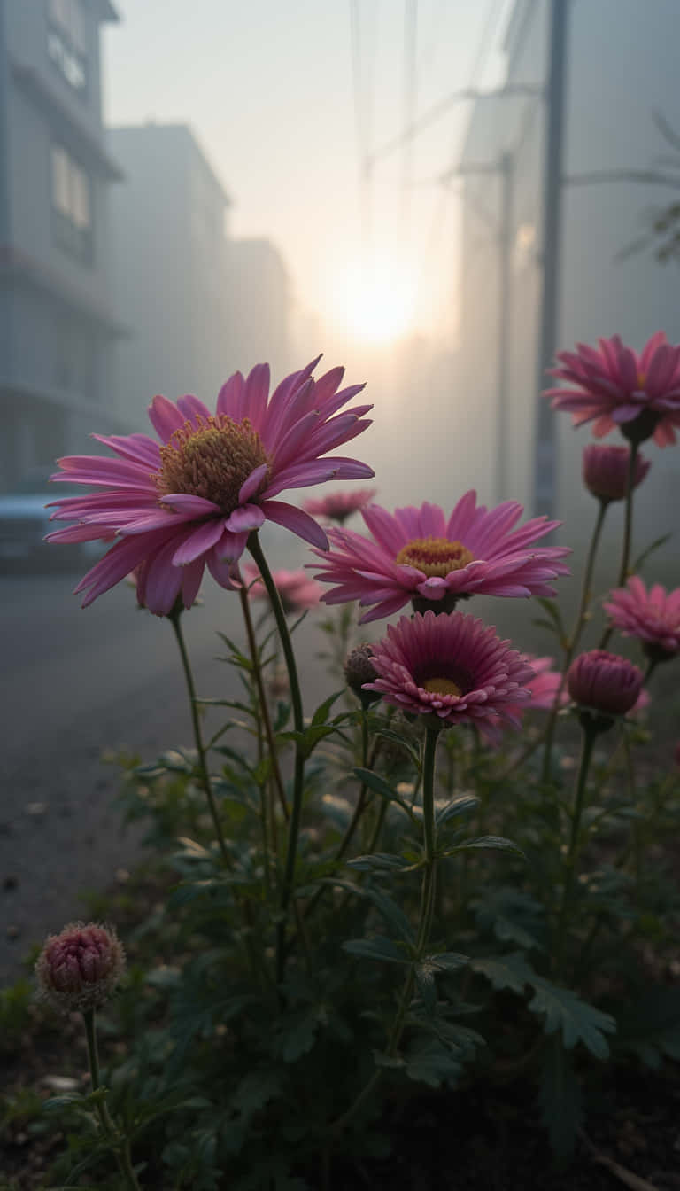 花卉 桌布 壁紙 — 粉紅雛菊在柔和晨霧中綻放，背景是模糊的城市景觀和陽光照耀。
