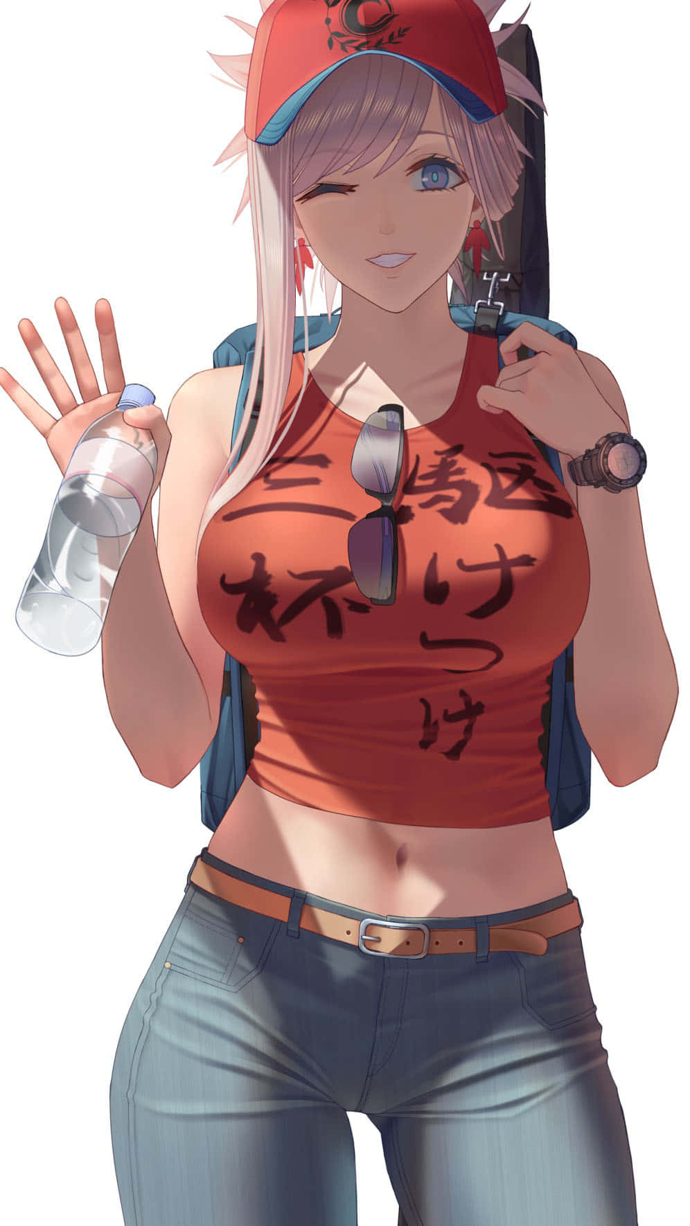 動漫女孩 桌布 壁紙 — 粉紅頭髮、戴紅色帽子的動漫女孩揮手，同時拿著水瓶和太陽眼鏡。