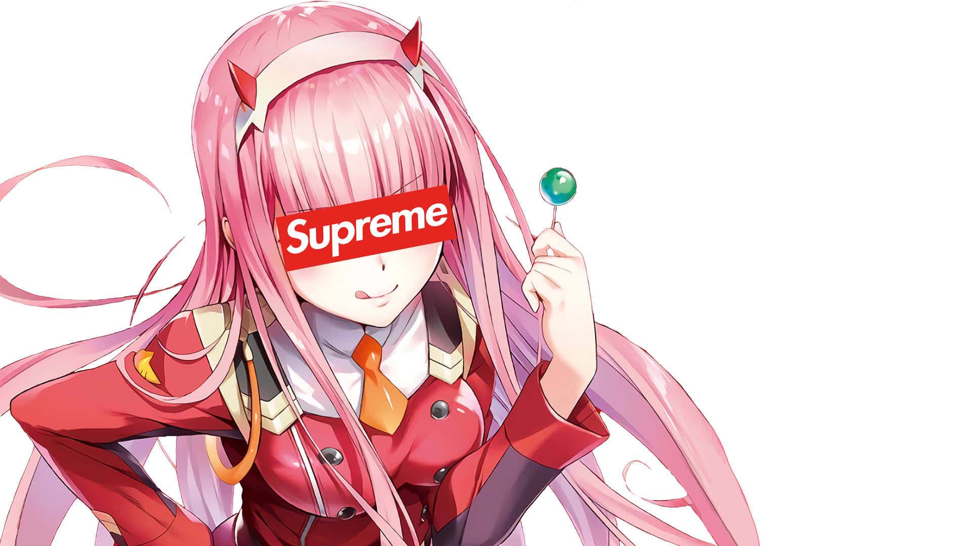 有角的粉紅髮動漫女孩戴著紅色Supreme眼罩，手持棒棒糖。 — Supreme GIF 壁紙