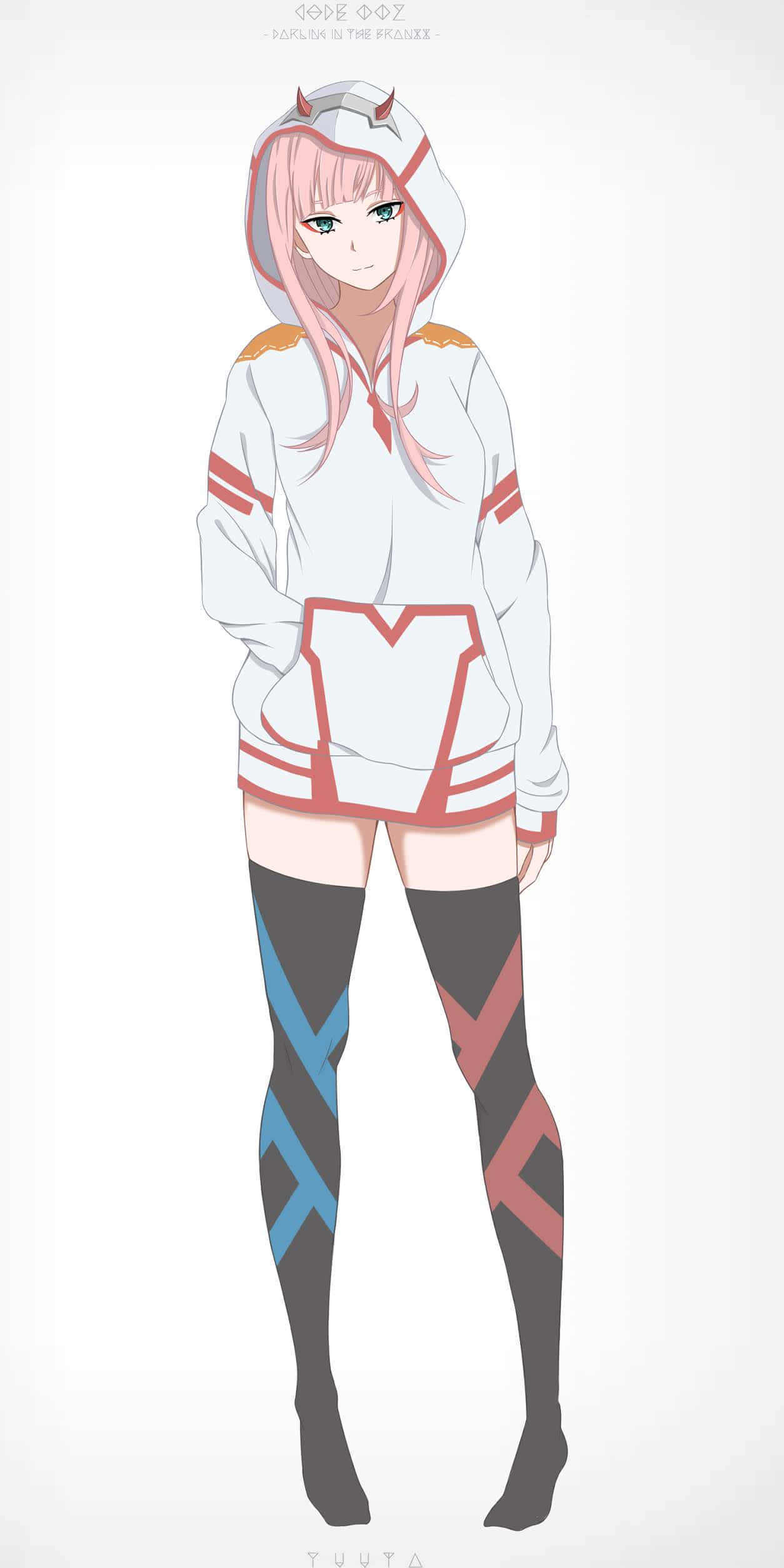 Darling In The Franxx Phone 桌布 壁紙 — 粉紅頭髮、頭上有小角的動漫女孩，身穿帶紅色條紋的白色連帽衫和圖案大腿襪，背景純色。