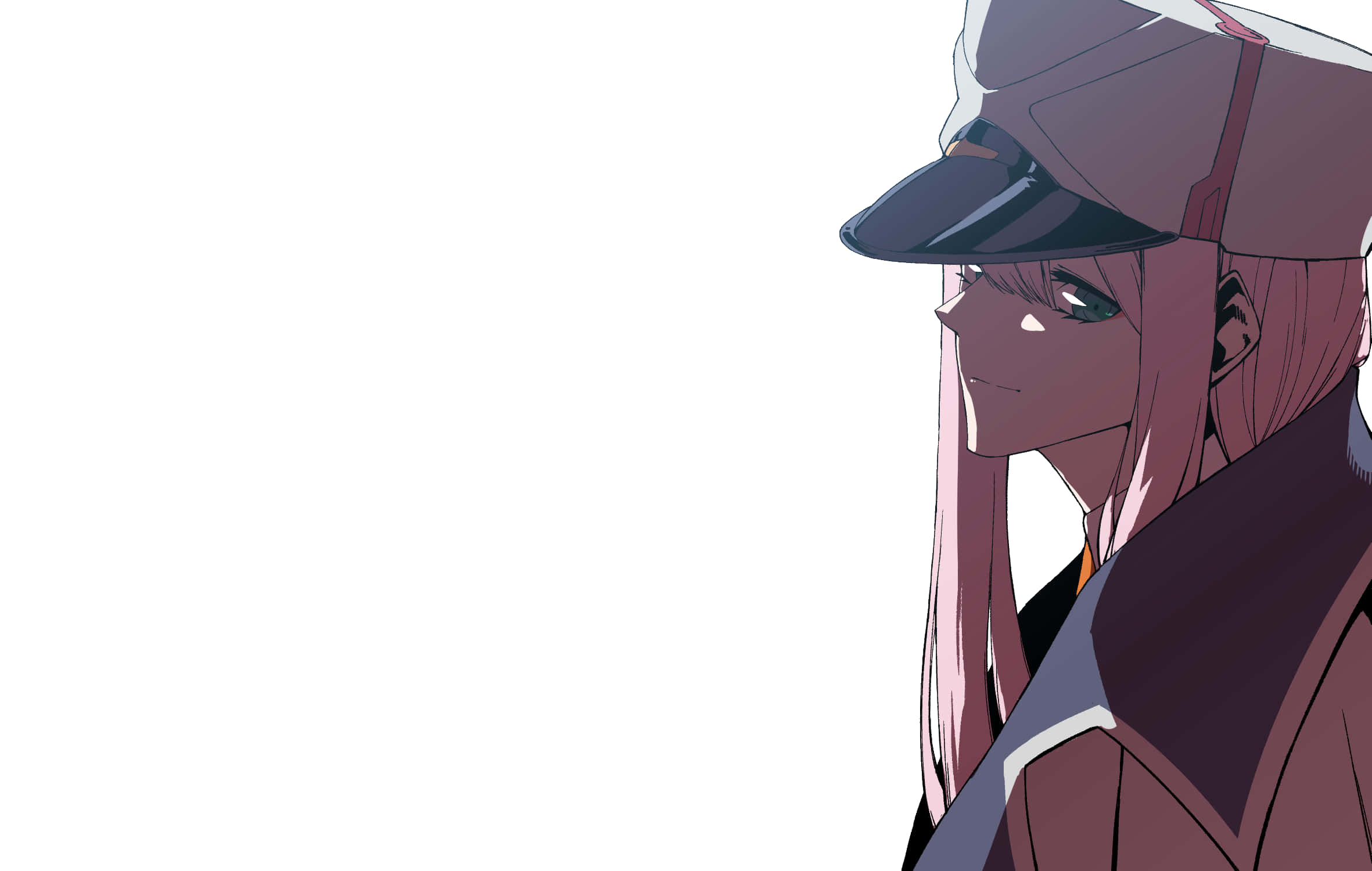 Zero Two Aesthetic 桌布 壁紙 — 粉紅頭髮戴帽子的動漫女孩，在柔和光線下，側視著純白背景。