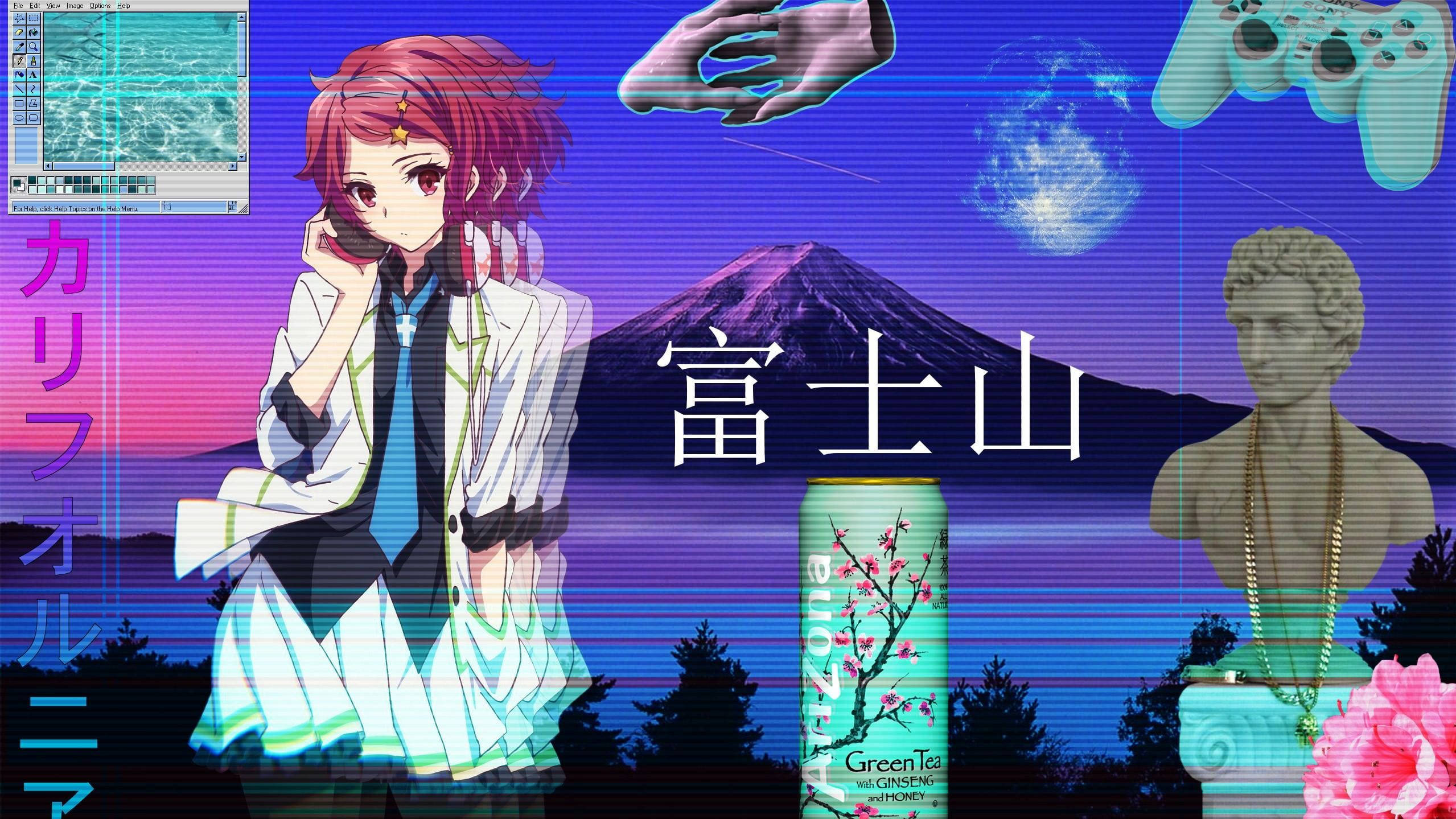 桌布 壁紙 — 粉紅頭髮的動漫女孩站在富士山前，故障效果疊加在遊戲控制器、茶罐和雕像的拼貼畫上。