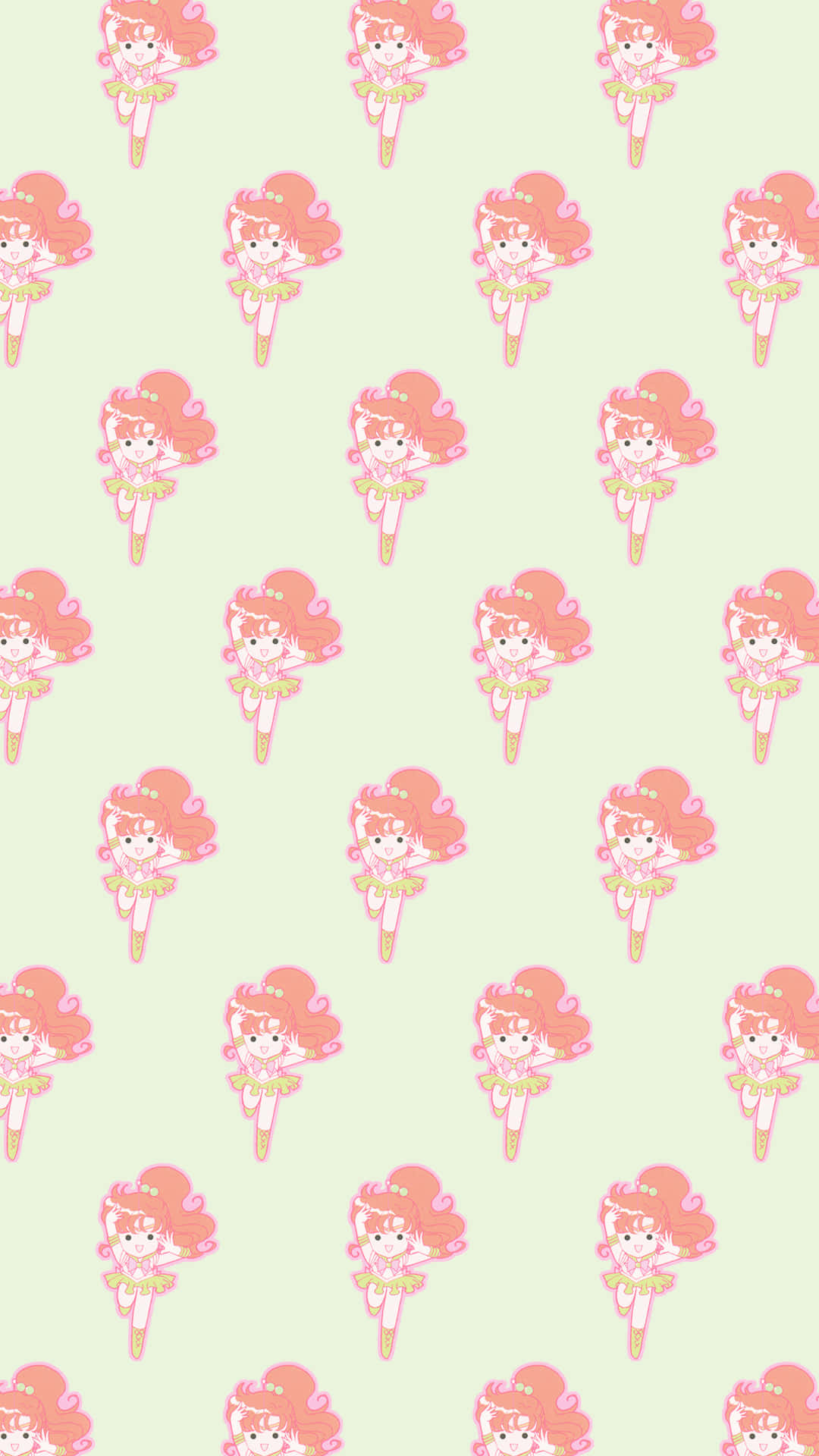 Sailor Moon Pattern 桌布 壁紙 — 粉紅頭髮的可愛芭蕾舞角色穿著黃色芭蕾舞裙在柔和薄荷色背景上的重複圖案。