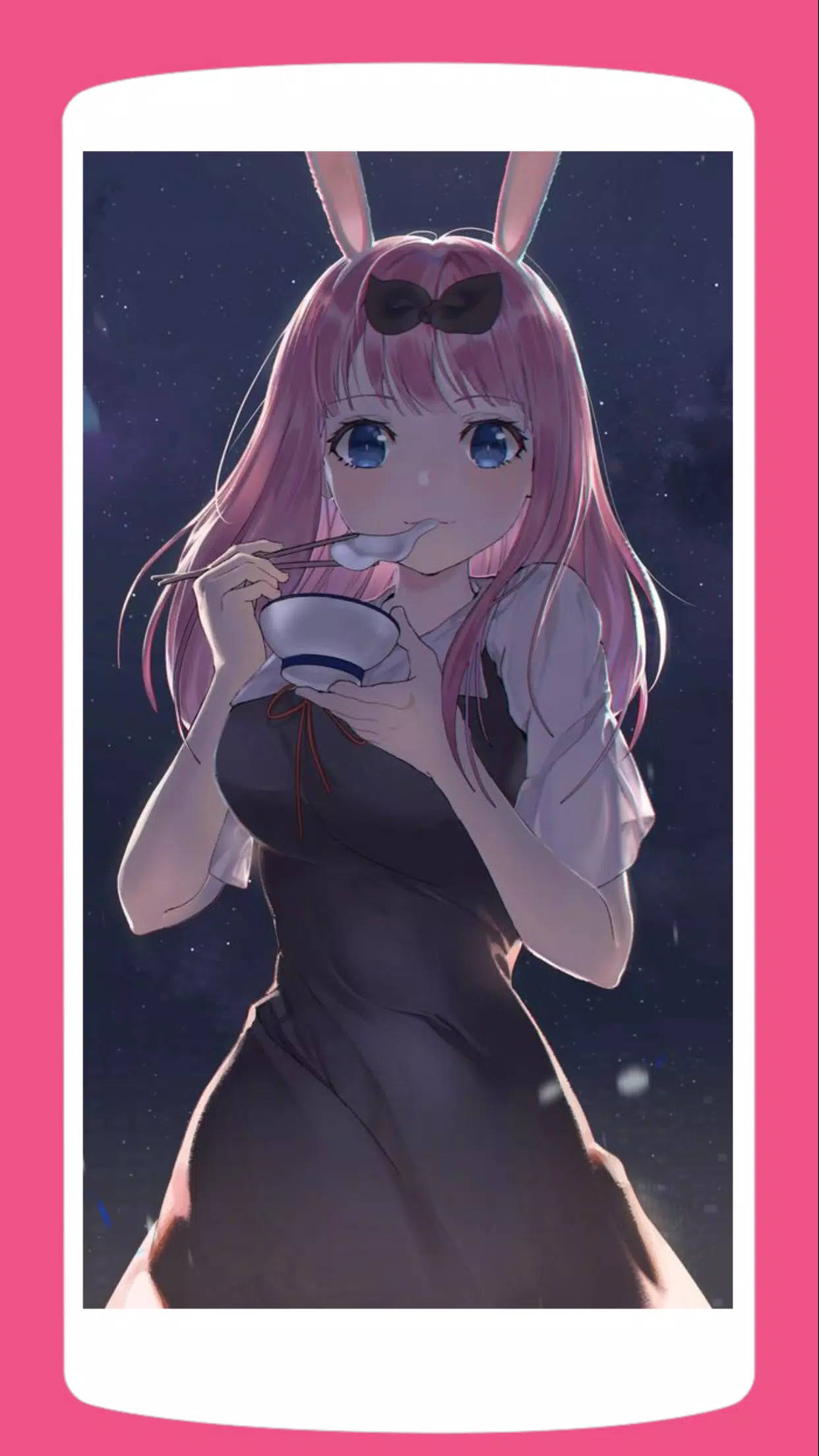 Waifu 桌布 壁紙 — 粉紅髮兔耳動漫女孩在星空夜空下從碗中進食。