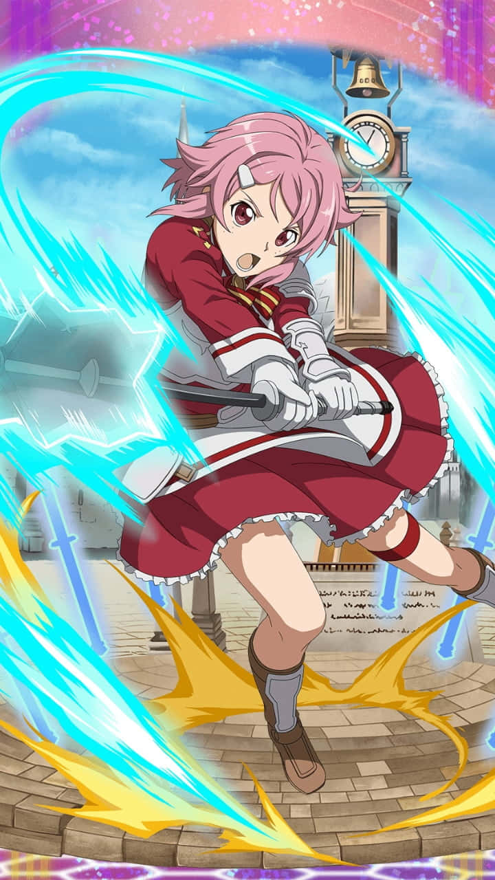Sword Art Online Lisbeth 桌布 壁紙 — 粉紅髮動漫少女身穿紅色制服，在時鐘塔附近揮舞發光劍，周圍有藍色和黃色能量爆炸。