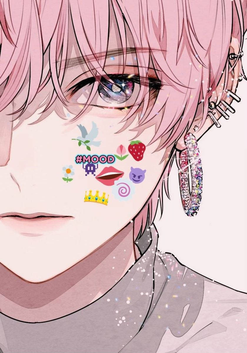 Aesthetic Anime Boy 桌布 壁紙 — 粉紅髮少女的動漫特寫肖像，銀河眼睛和臉頰上色彩繽紛的表情符號貼紙。