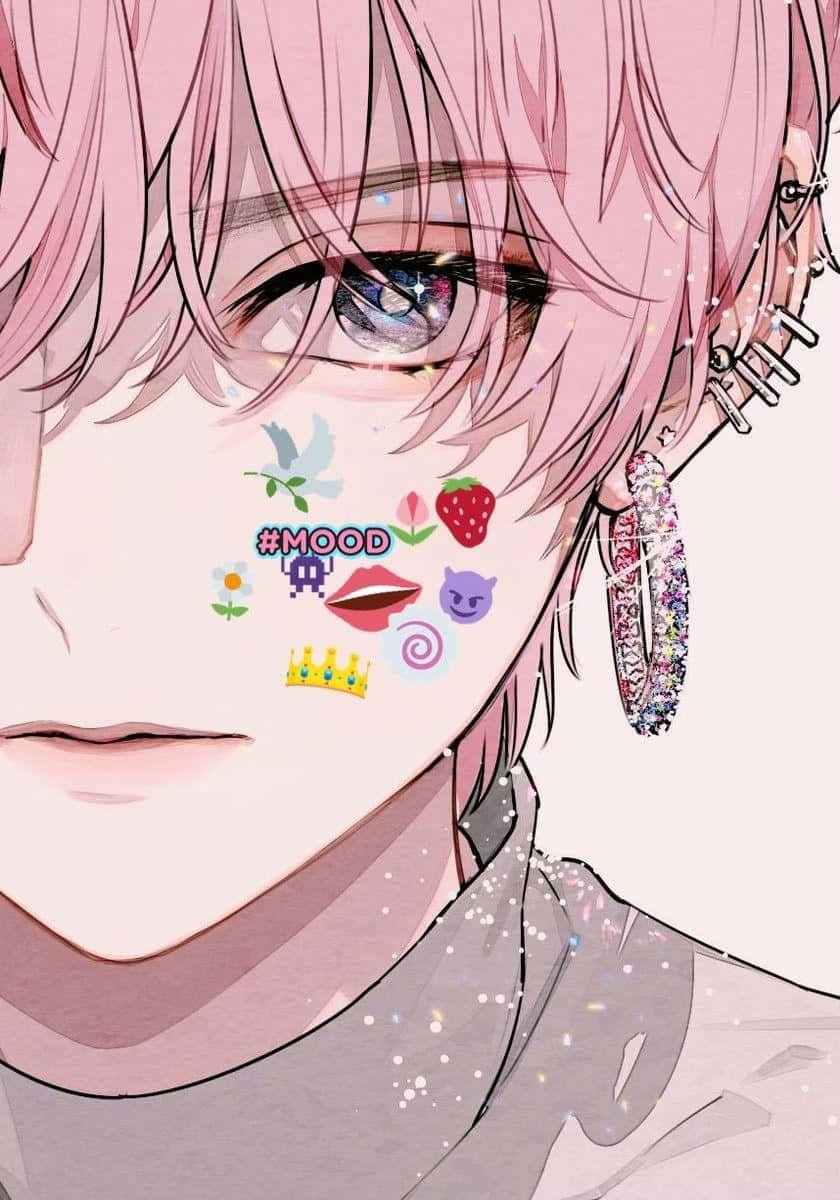 Cute Boy Anime 桌布 壁紙 — 粉紅髮少女的動畫特寫肖像，帶有閃亮眼睛、彩色臉部貼紙和閃亮耳環。