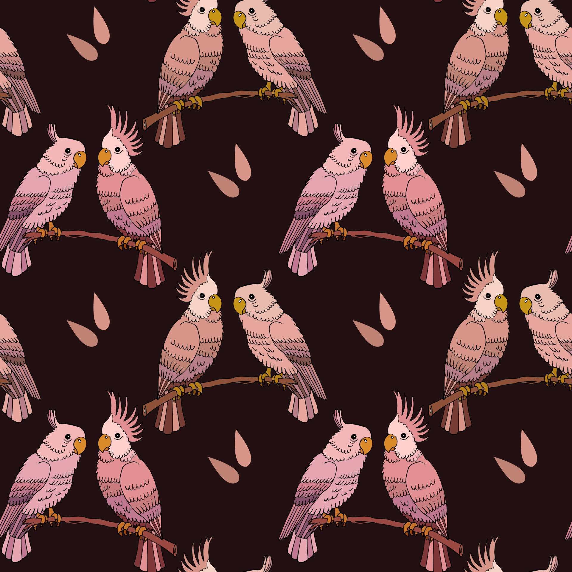 birds 桌布 壁紙 — 粉紅鳳頭鸚鵡棲息在樹枝上，背景為深棕色，帶有散落的葉子形狀，形成重複圖案。