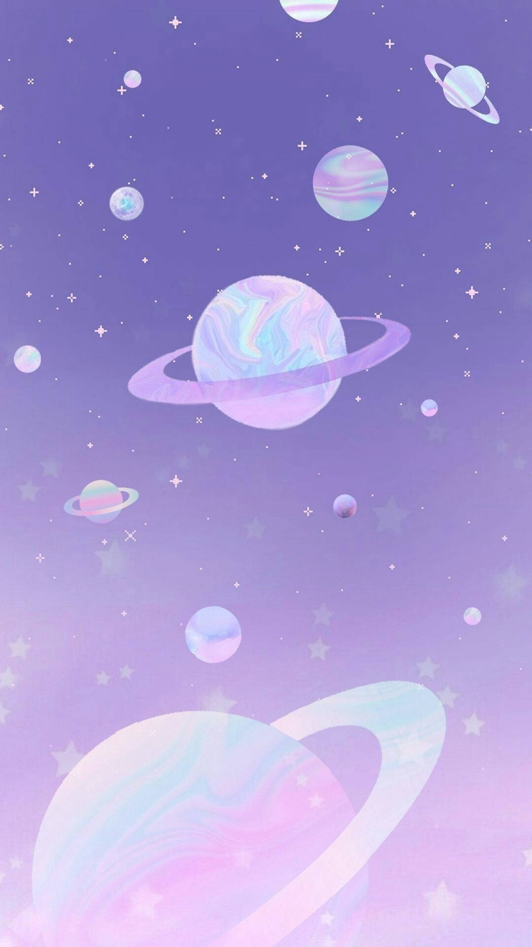 在繁星點點的紫色天空中漂浮的帶有光環的粉彩行星。