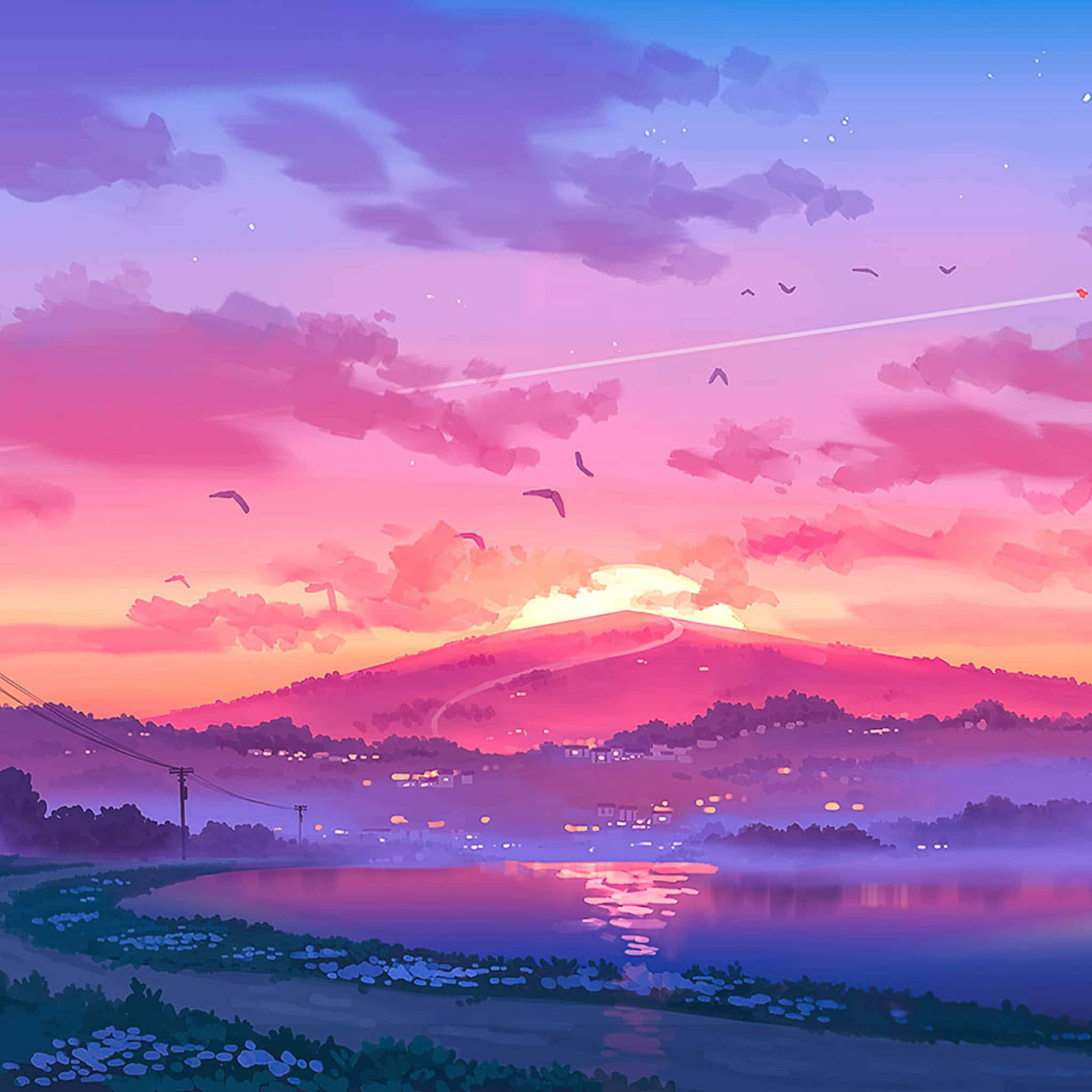 桌布 壁紙 — 粉紫色天空下，霧氣瀰漫的湖面上，山巒剪影與飛鳥構成的寧靜動漫風格日落。