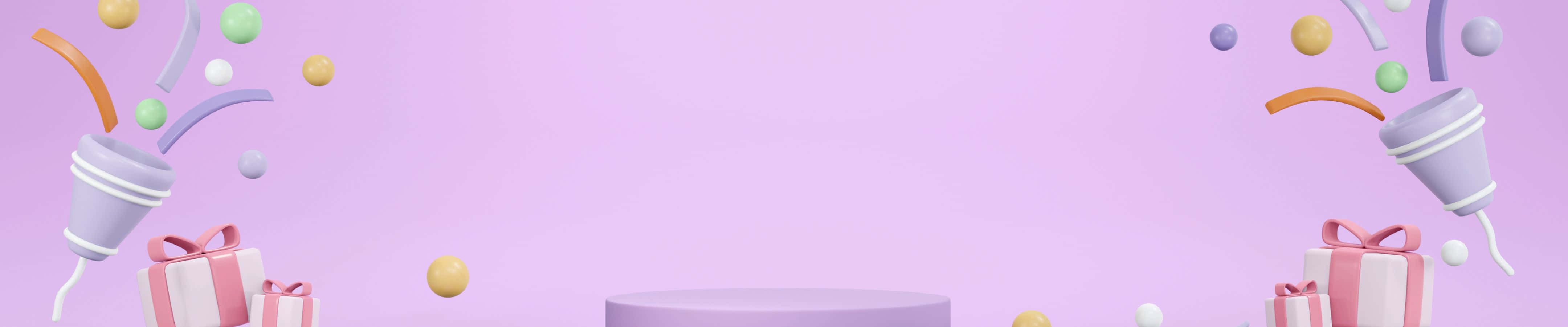 4320x900 桌布 壁紙 — 粉紫色背景，漂浮著色彩繽紛的禮物盒和有趣的五彩紙屑元素。