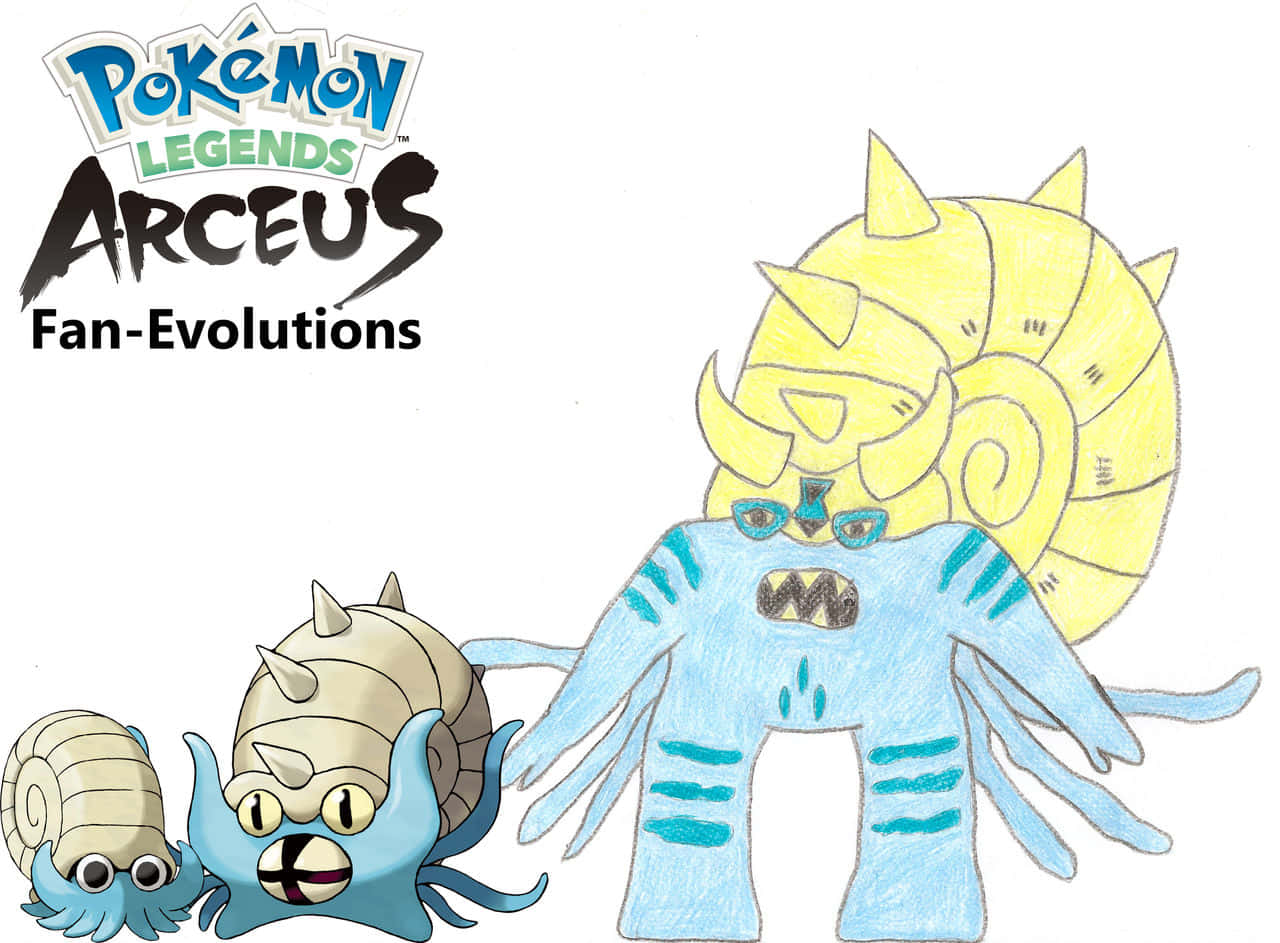 寶可夢 桌布 壁紙 — 粉絲創作的 Pokémon Arceus 進化形態，用色彩繽紛的蠟筆風格繪畫，帶有誇張表情和螺旋貝殼圖案。