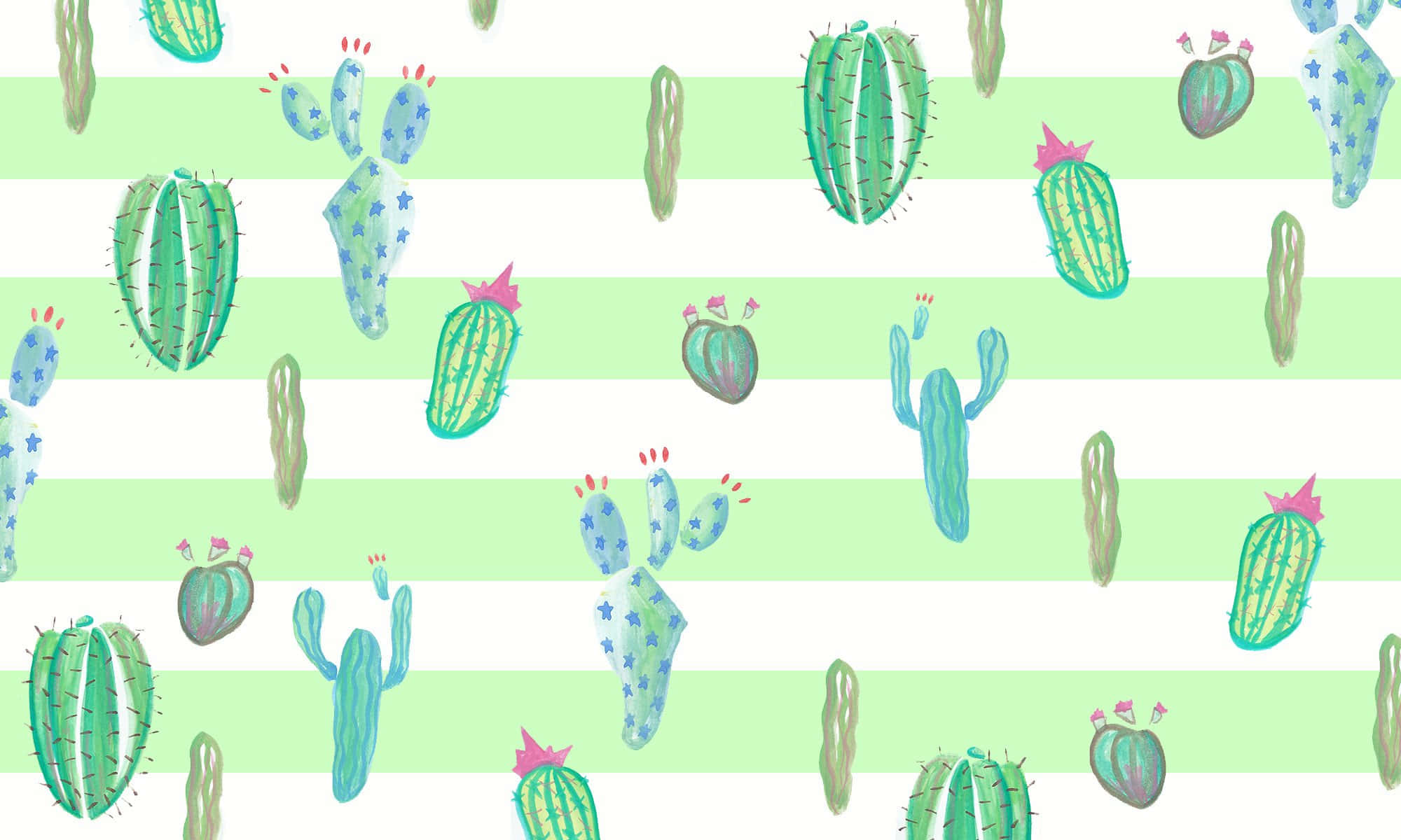 Cute Cactus 桌布 壁紙 — 粉綠色和白色條紋壁紙，帶有俏皮的手繪仙人掌，以青藍色和粉紅色點綴。