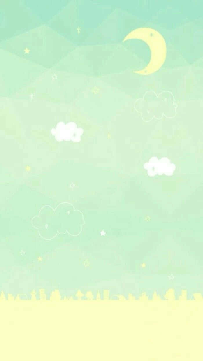 桌布 壁紙 — 粉綠色天空，黃色新月和雲朵在黃色地平線之上。