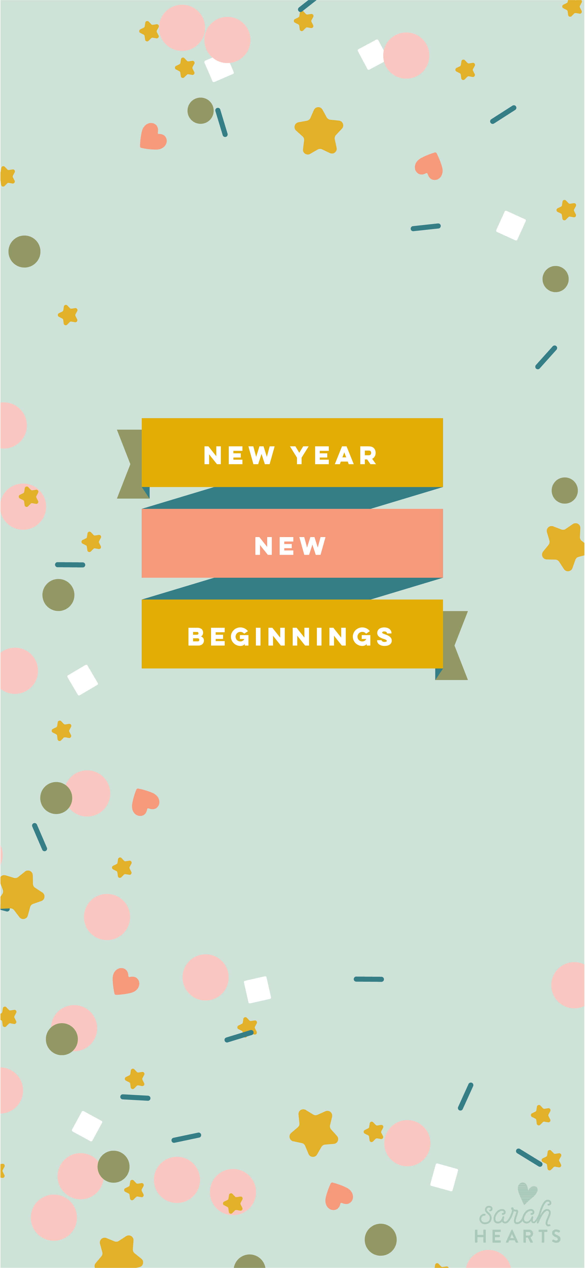節日 桌布 壁紙 — 粉綠色背景，搭配彩色紙屑和分層橫幅，上面寫著「NEW YEAR NEW BEGINNINGS」。