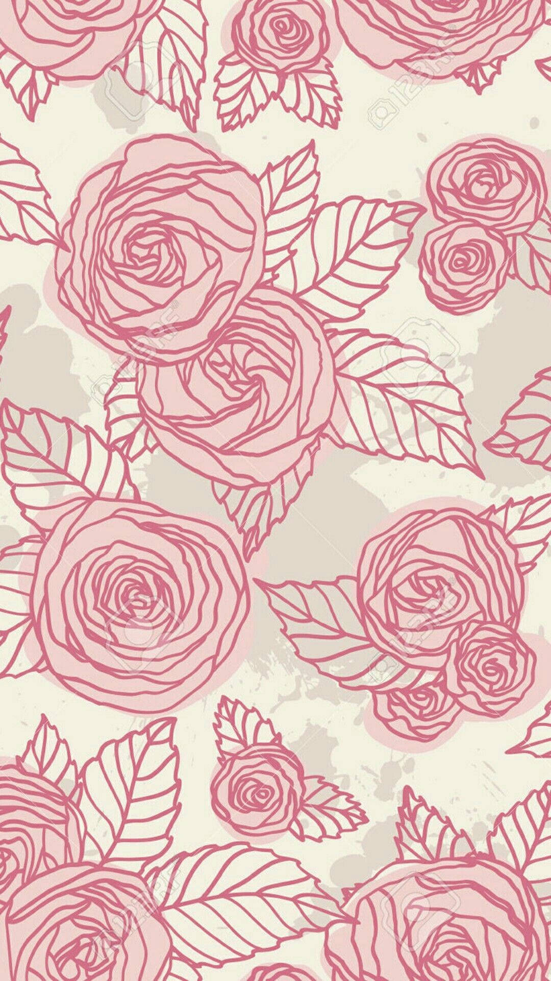 Pink Vintage Aesthetic 桌布 壁紙 — 粉色玫瑰和葉子以精緻線條藝術風格呈現，背景為帶紋理的奶油色。