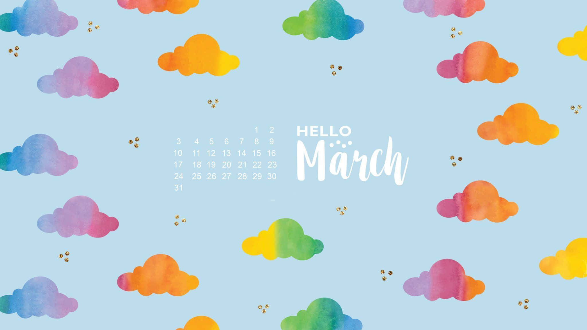March 桌布 壁紙 — 粉藍色天空充滿色彩繽紛的水彩雲和三月日曆問候。