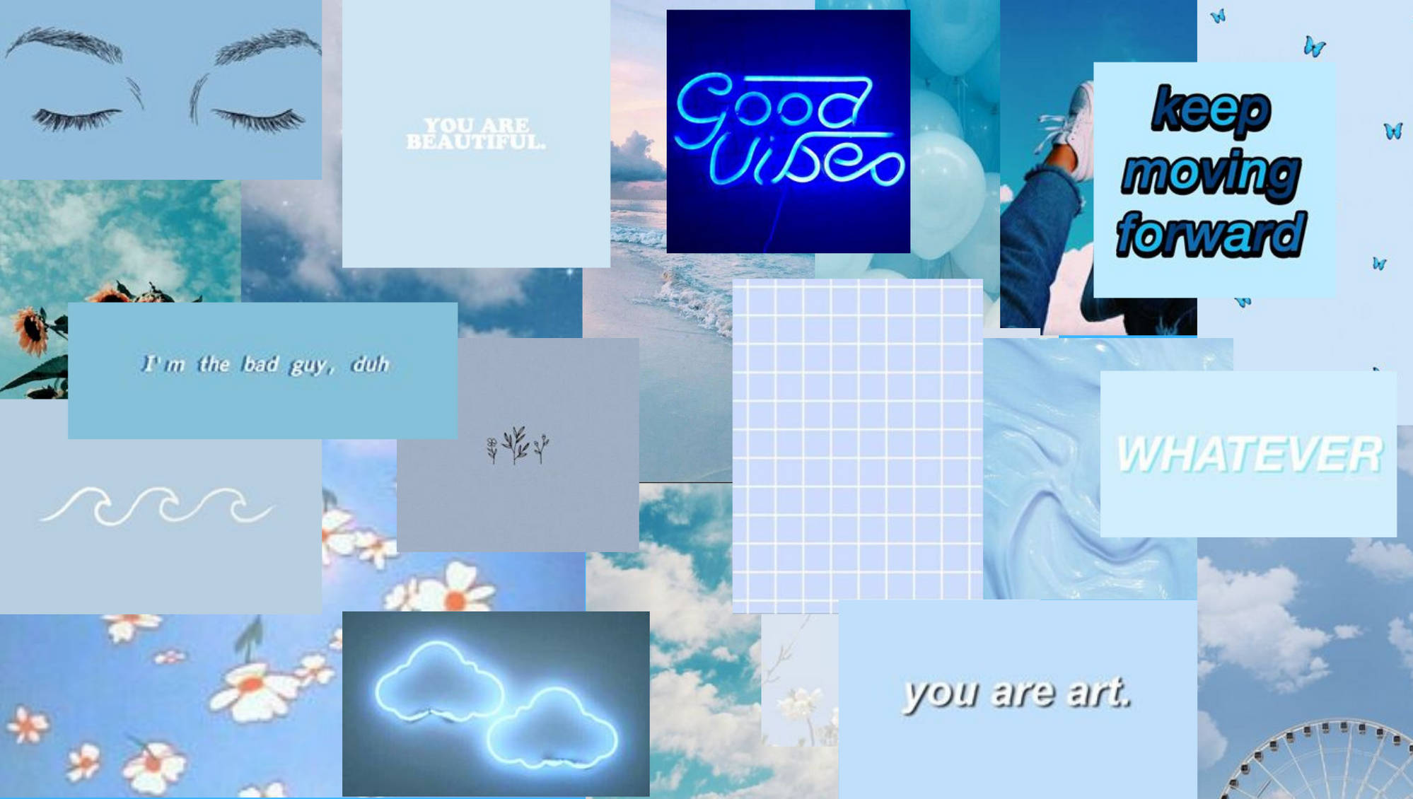 pastel 桌布 壁紙 — 粉藍色拼貼畫，包含勵志語錄、睫毛、雲朵和花卉圖案，帶有霓虹色調。