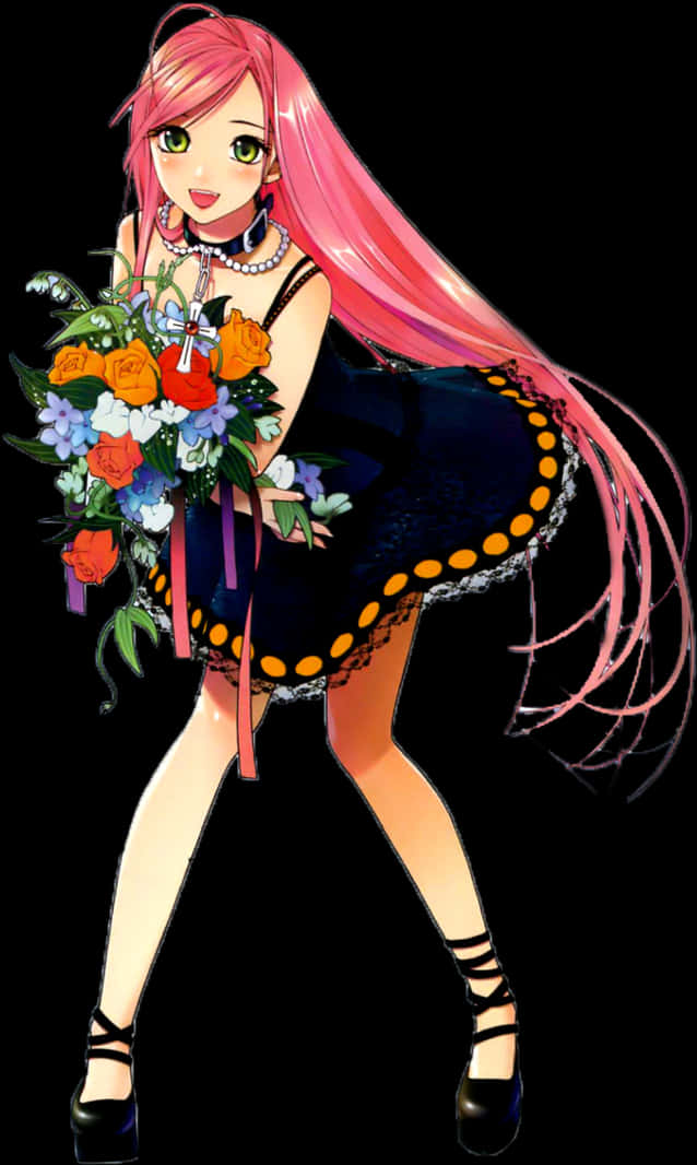 粉髮動漫少女與花 壁紙