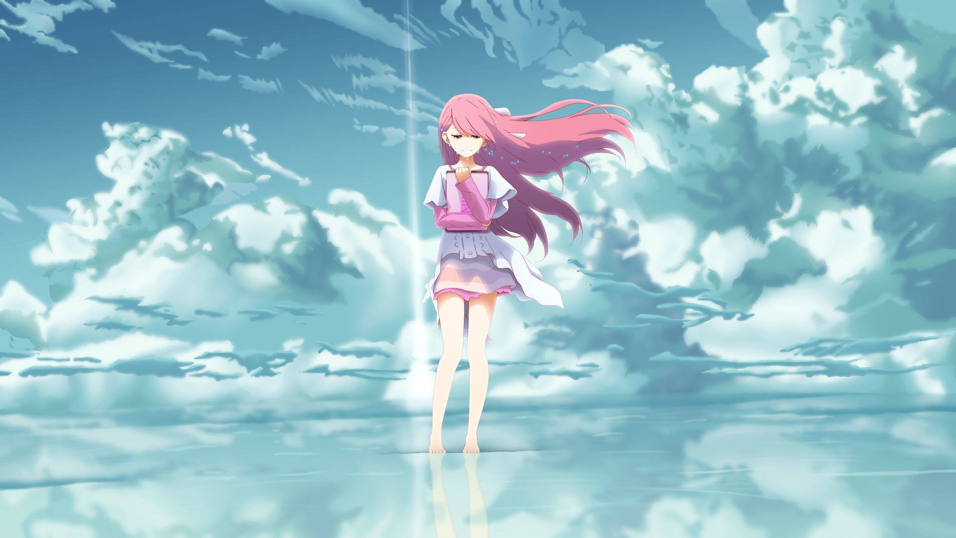 粉髮少女佇立水中 壁紙