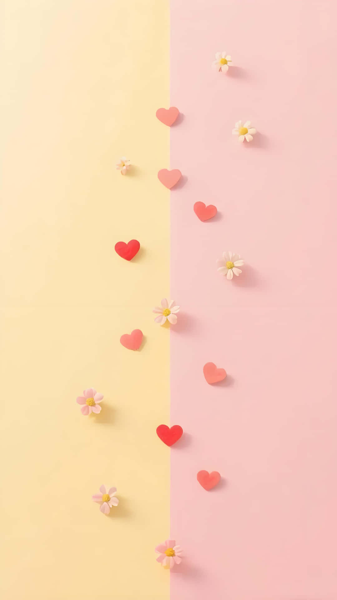 Pink & Yellow Hearts & Flowers: Romantic Fresh Two - Tone Wallpaper 壁紙 — 粉黃和粉紅背景的對角分割，點綴著散落的紙心和雛菊。
