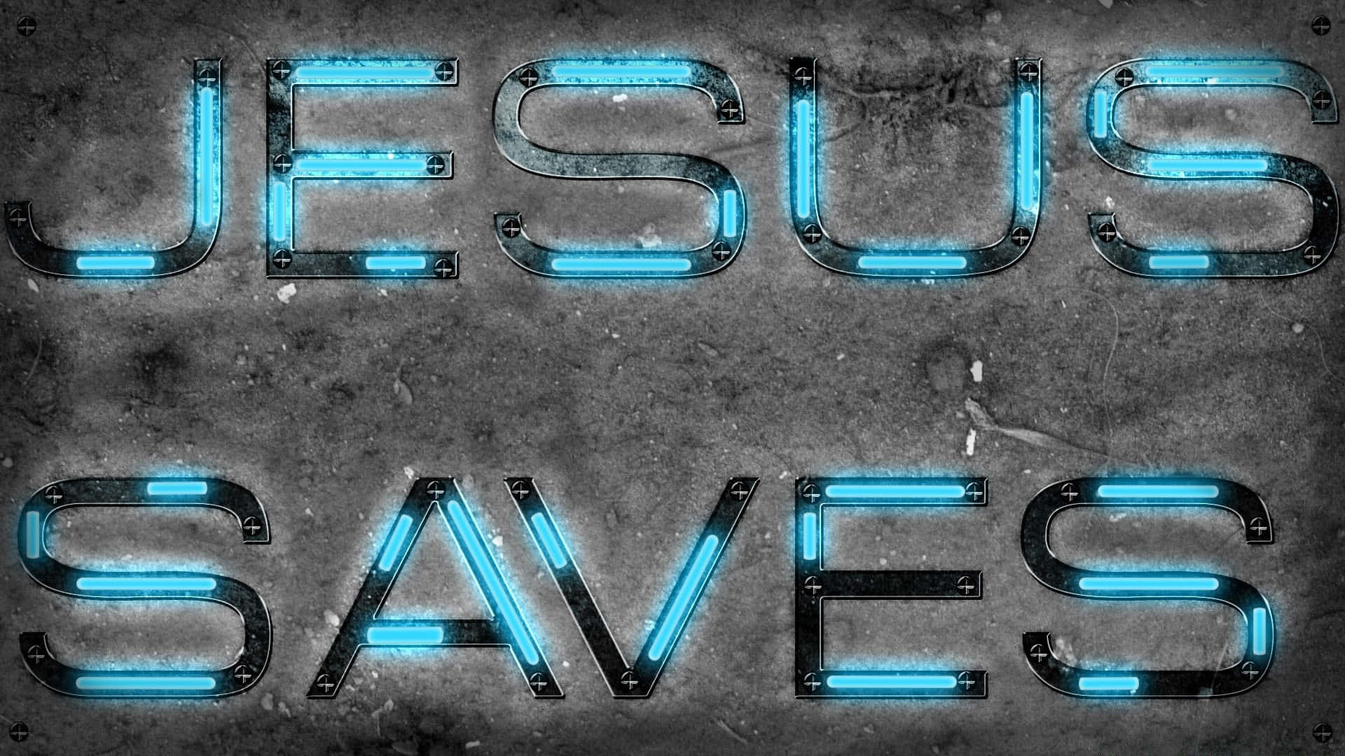 Jesus Saves 桌布 壁紙 — 粗獷紋理混凝土牆上嵌入大膽發光藍色霓虹字母，拼寫 JESUS SAVES。