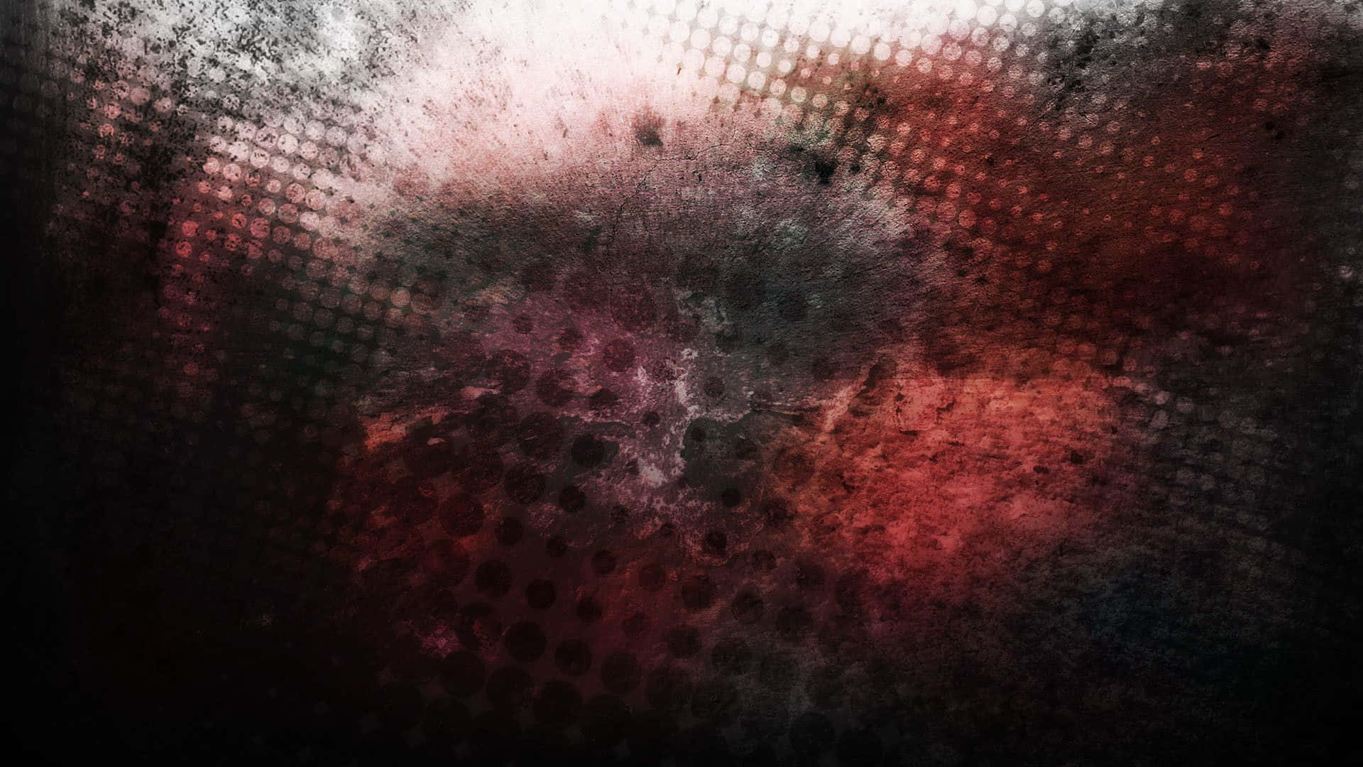 Red Grunge 桌布 壁紙 — 粗糙的抽象紋理，紅色、黑色和白色的半色調點混合成煙熏垃圾效果。