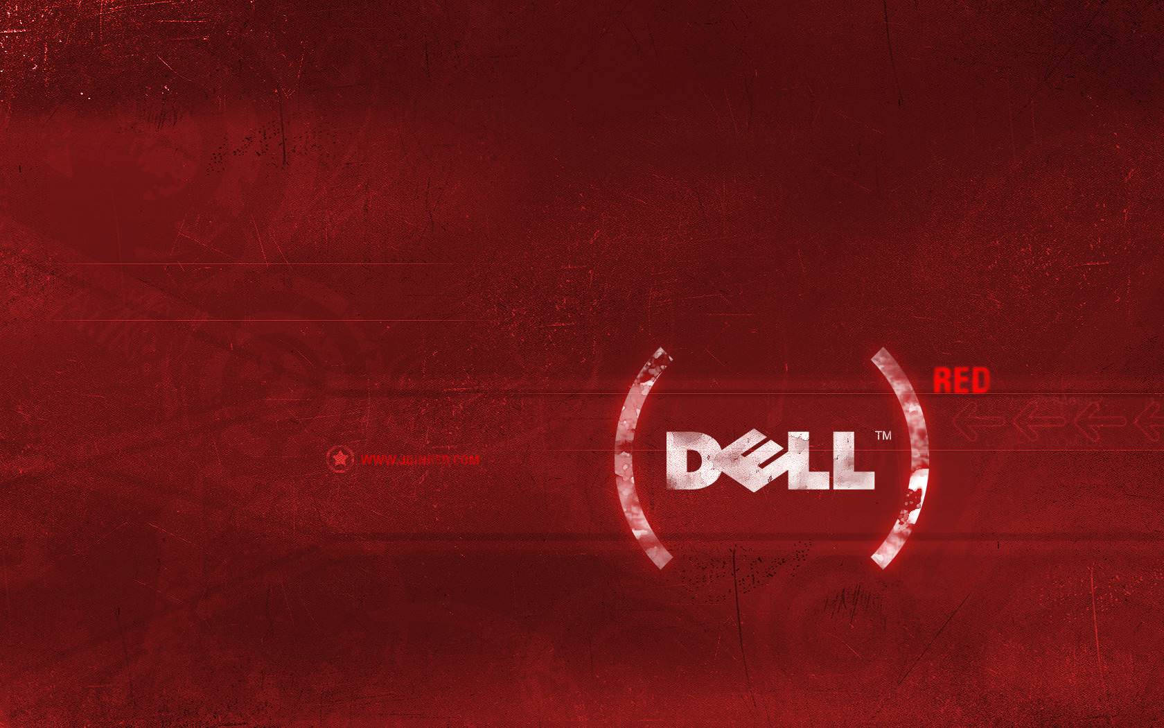 Dell 桌布 壁紙 — 粗糙的紅色紋理背景上，有一個發光的白色Dell標誌，由彎曲的括號框住，附近有紅色的小字。