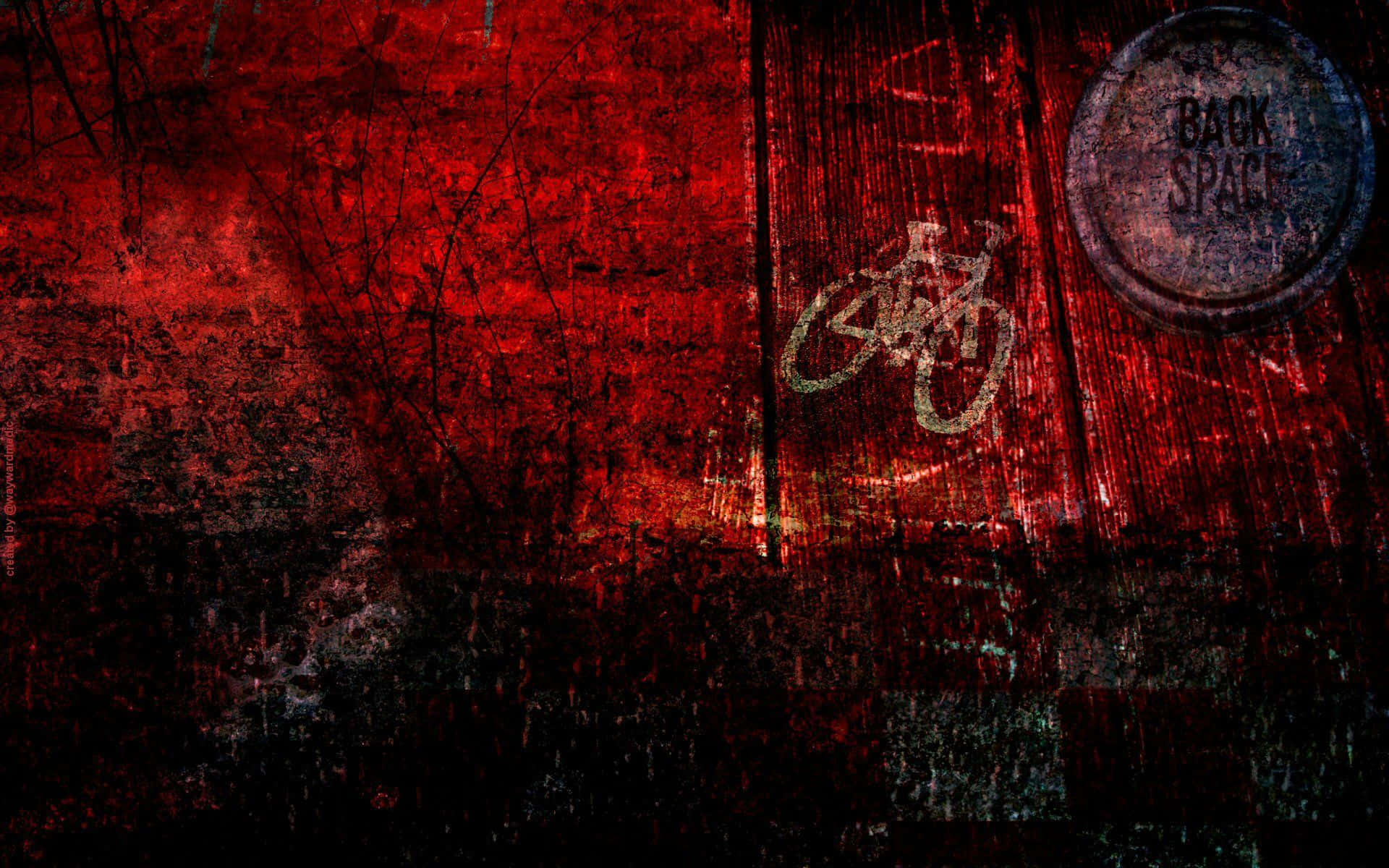 Red Grunge 桌布 壁紙 — 粗糙的紅黑紋理牆壁，帶有褪色塗鴉和圓形「BACK SPACE」標誌。