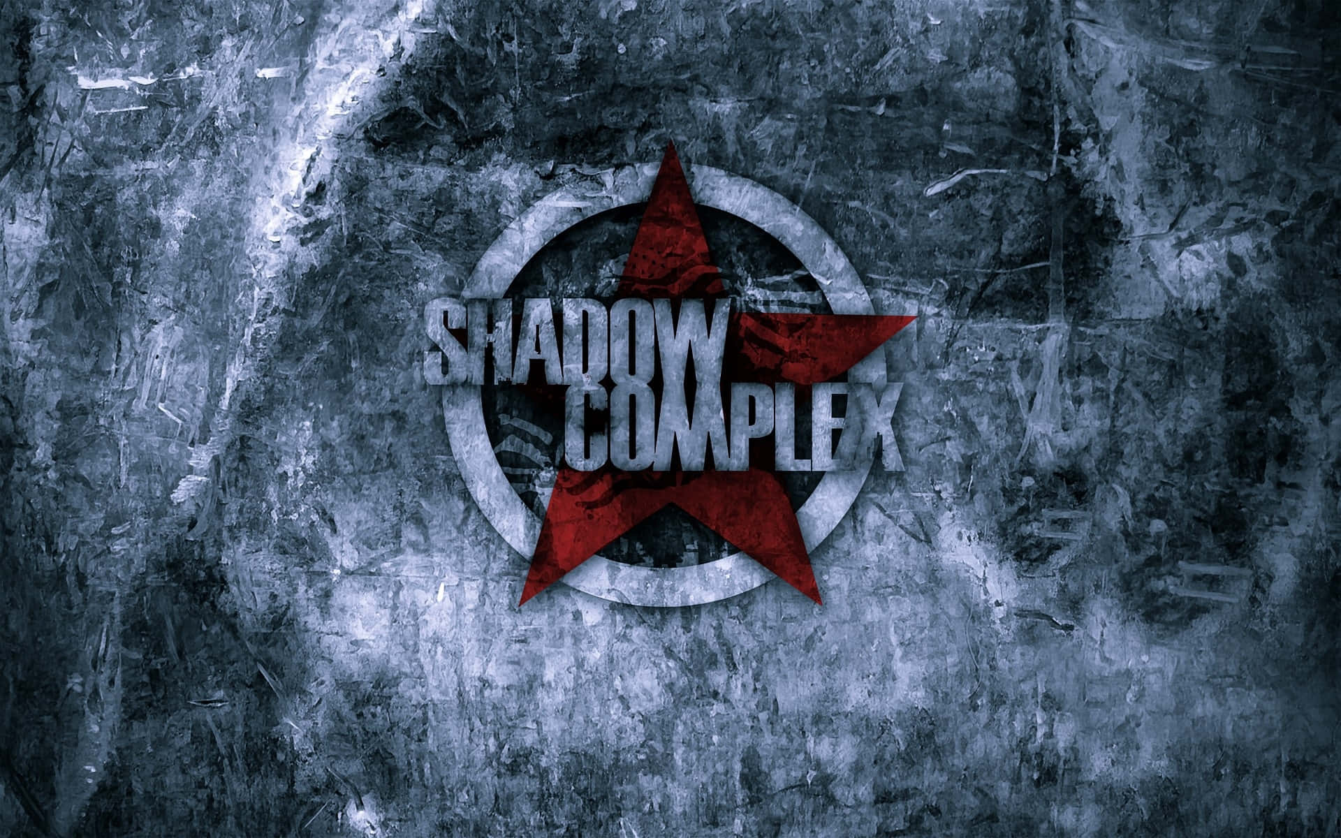 白色圓圈內的紅色星星，以及「SHADOW COMPLEX」文字，位於風化的灰色牆壁上。 — 星星動圖 壁紙