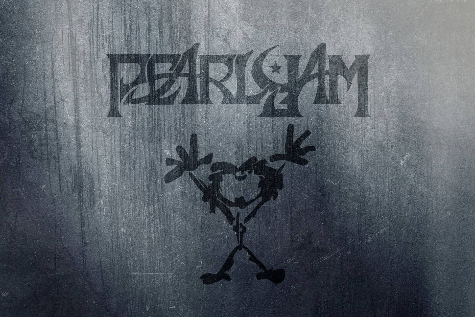 標誌 桌布 壁紙 — 粗糙紋理的牆壁展示了樂隊 Pearl Jam 的標誌和一個風格化的卡通角色，呈現暗黑垃圾搖滾風格。