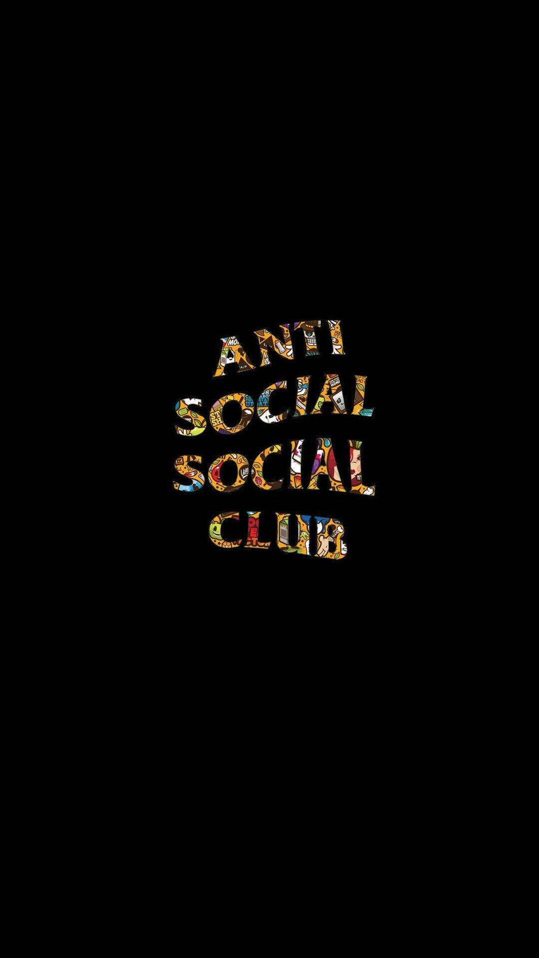 Hype Aesthetic 桌布 壁紙 — 粗體「ANTI SOCIAL SOCIAL CLUB」文字以彩色馬賽克字母居中顯示在純黑背景上。