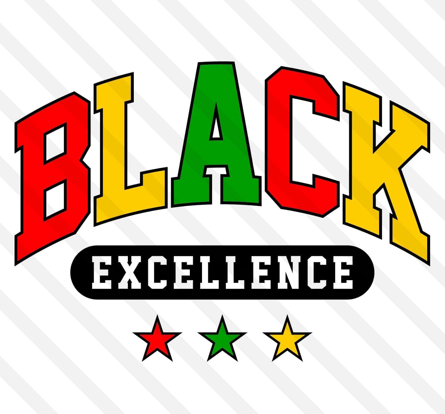 Black Excellence 桌布 壁紙 — 粗體 'BLACK EXCELLENCE' 文字，紅、綠、黃色，搭配相襯星星，置於對角條紋背景上。
