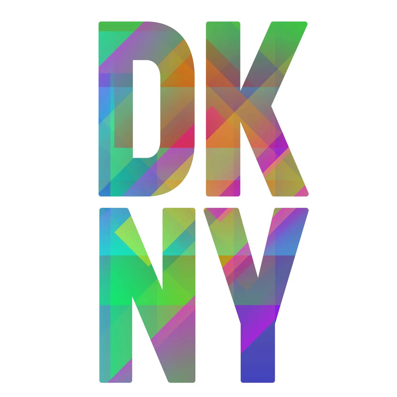 品牌 桌布 壁紙 — 粗體 DKNY 字母，充滿鮮豔的幾何色彩漸變，襯以純白背景。