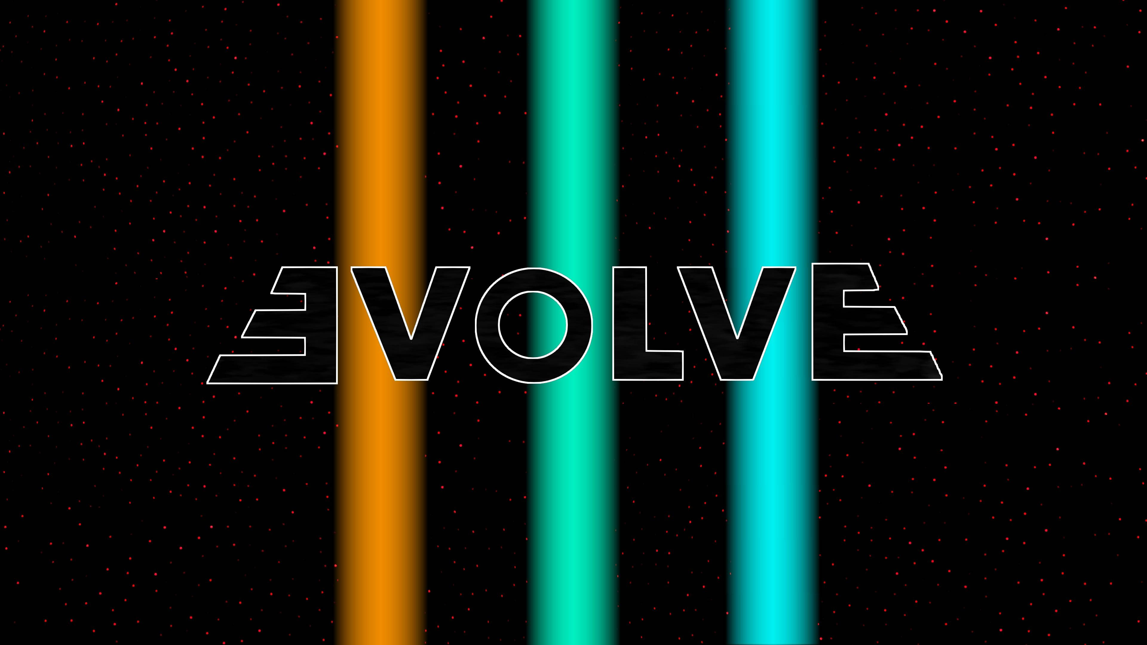 Dragons 桌布 壁紙 — 粗體 'EVOLVE' 文字在繁星點點的黑色背景上發光，搭配充滿活力的垂直霓虹條紋。