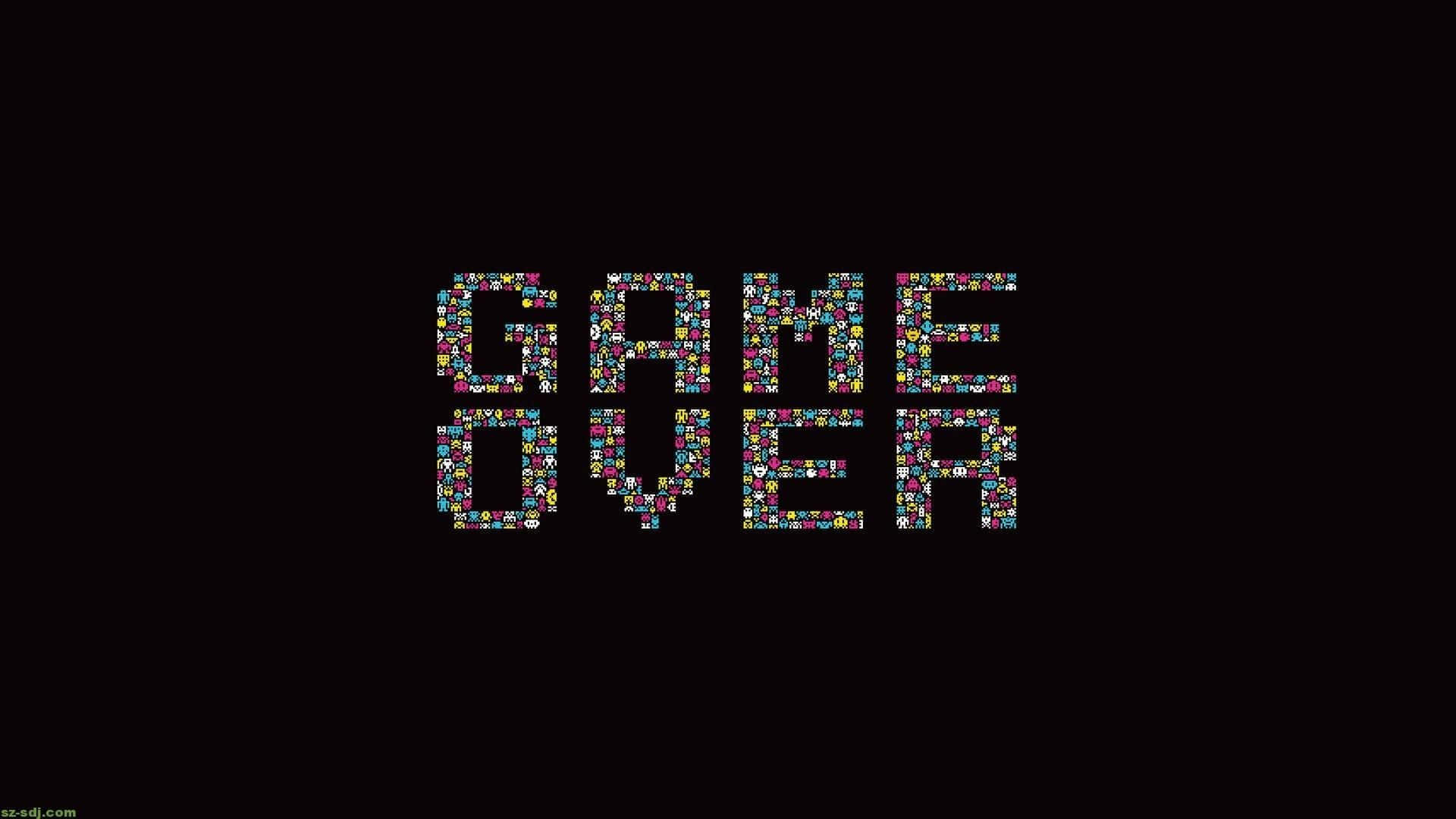 Retro 桌布 壁紙 — 粗體「GAME OVER」文字由色彩繽紛的像素化遊戲圖示組成，背景為純黑色。