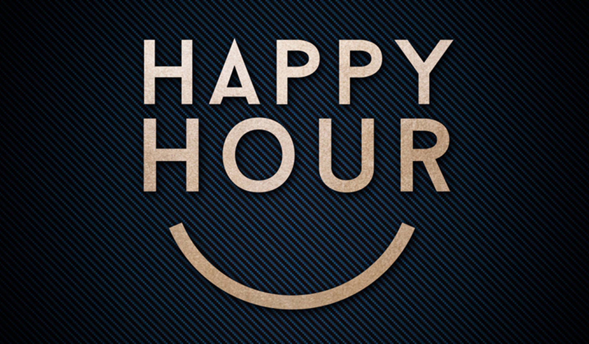 Hour 桌布 壁紙 — 粗體 'HAPPY HOUR' 文字以紋理金色形成笑臉圖案，背景為深藍色斜紋。