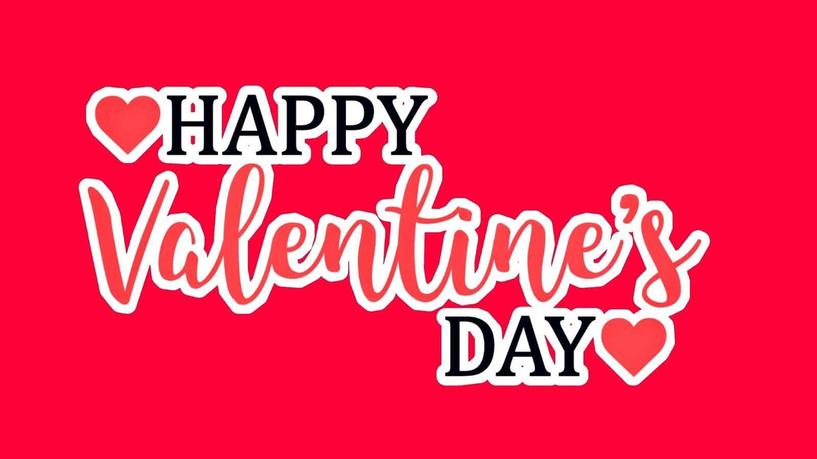 Valentines 桌布 壁紙 — 粗體 'Happy Valentine's Day' 文字以黑色和珊瑚色草書書寫，並帶有心形圖標，背景為鮮紅色。