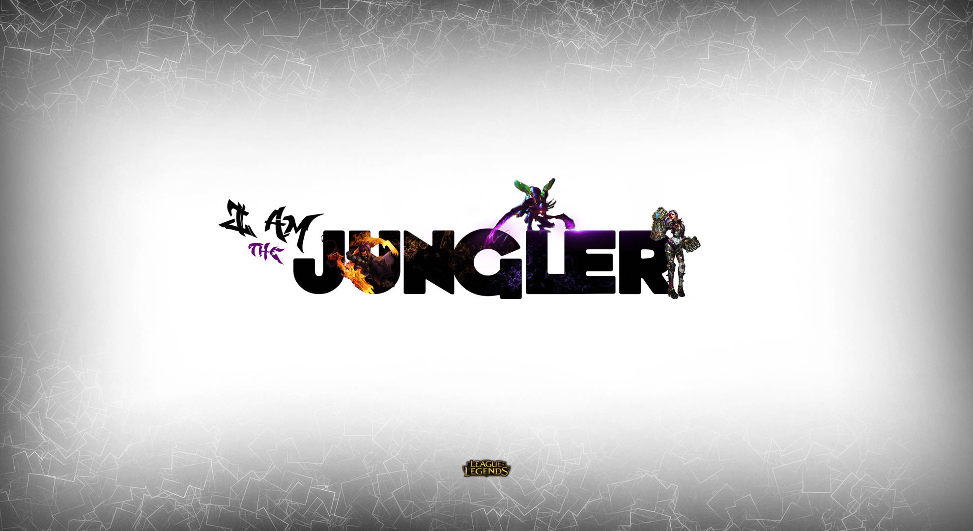 Legends 桌布 壁紙 — 粗體「I Am The Jungler」文字，帶有火焰和紫色發光字元，背景為裂紋灰色。
