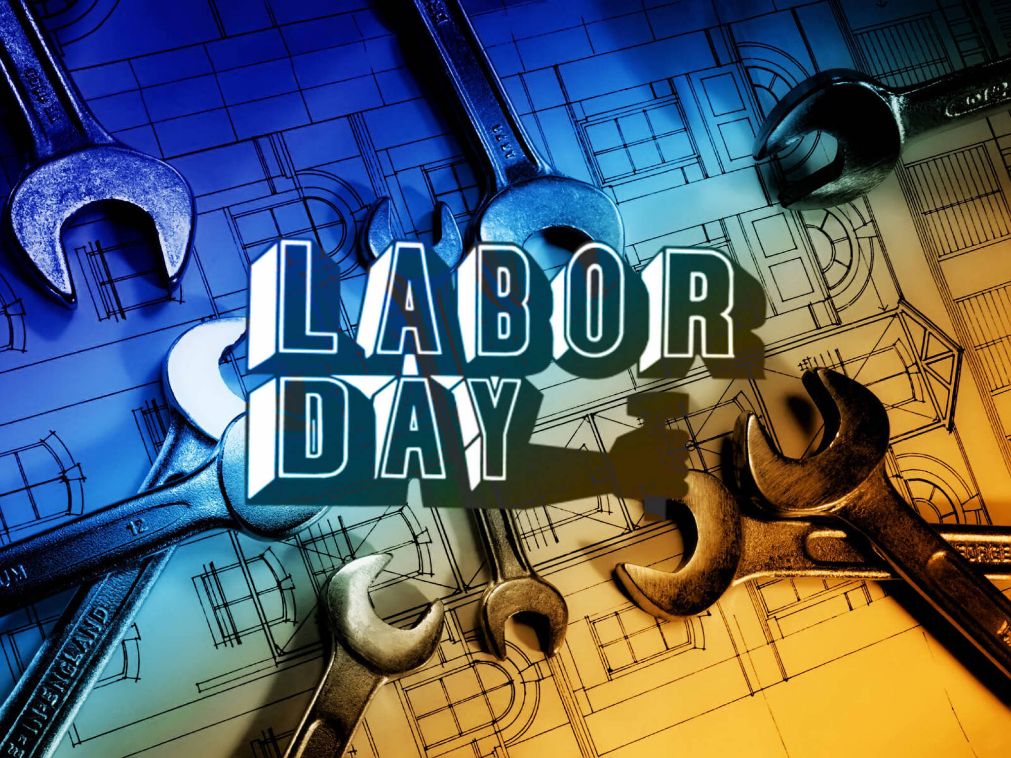 Labor 桌布 壁紙 — 粗體 'Labor Day' 文字以3D字體放置在藍色和金色的藍圖紙上，周圍環繞著扳手和工具。
