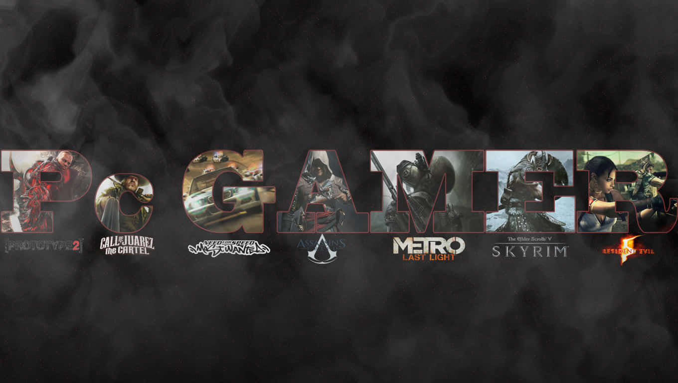 Gaming Pc 桌布 壁紙 — 粗體 'PC GAMERS' 文字，字母中嵌入遊戲標誌，背景為煙霧瀰漫的黑暗。