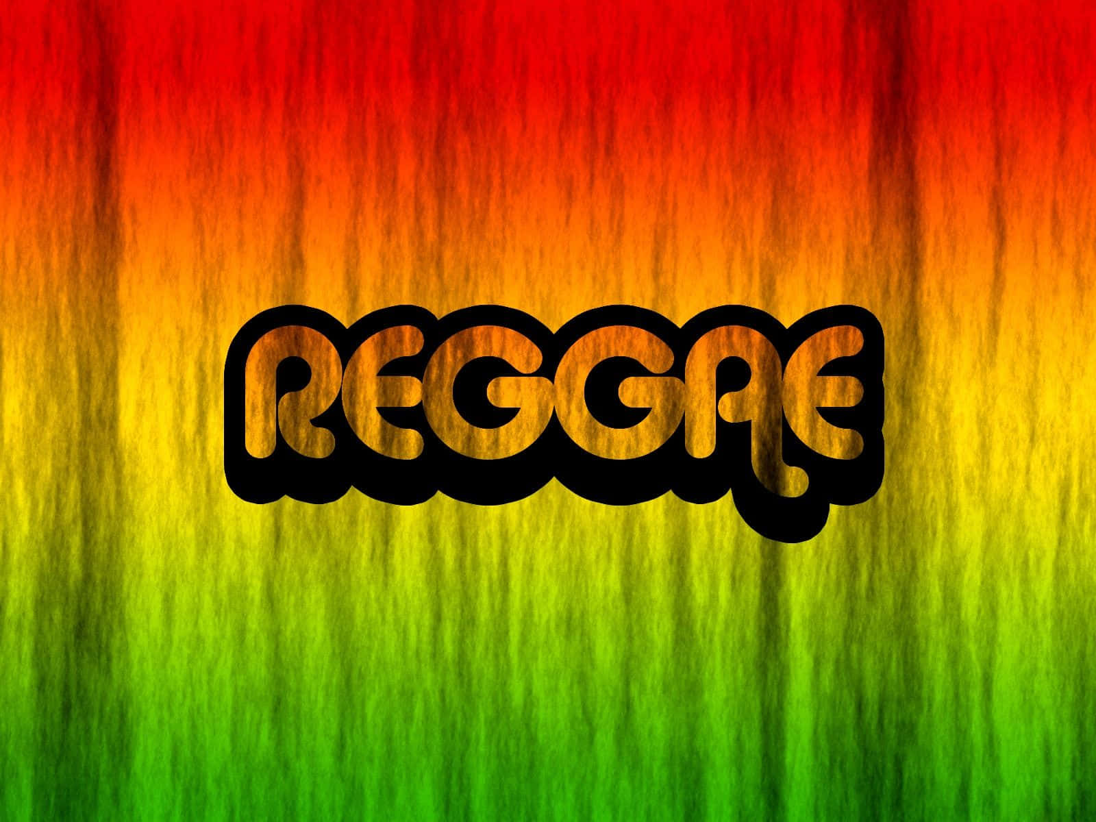 Reggae 桌布 壁紙 — 粗體 'REGGAE' 文字帶黑色輪廓，在紅、橙、黃、綠的鮮豔垂直漸變上發光。