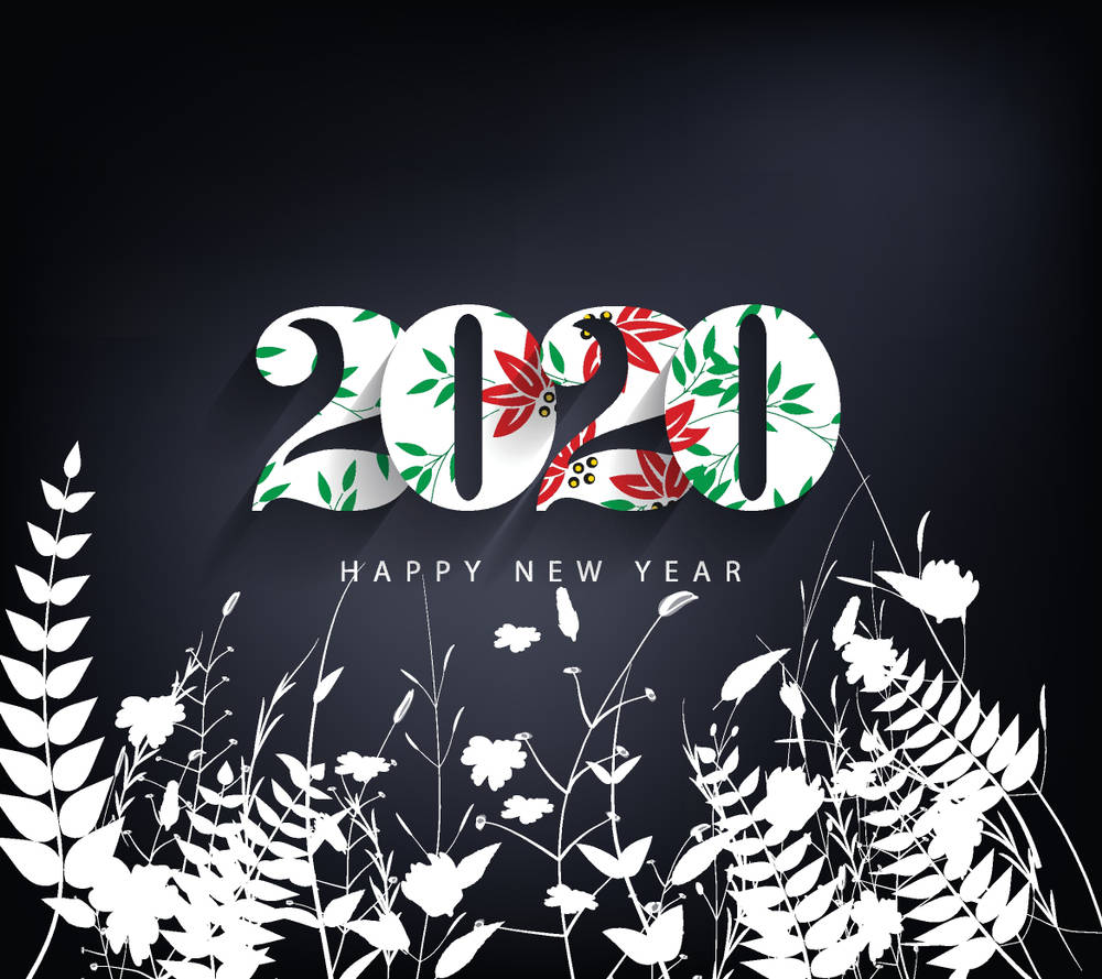 New 桌布 壁紙 — 粗體2020文字飾以紅綠色花卉圖案，在深色漸變背景上，下方有白色植物剪影。